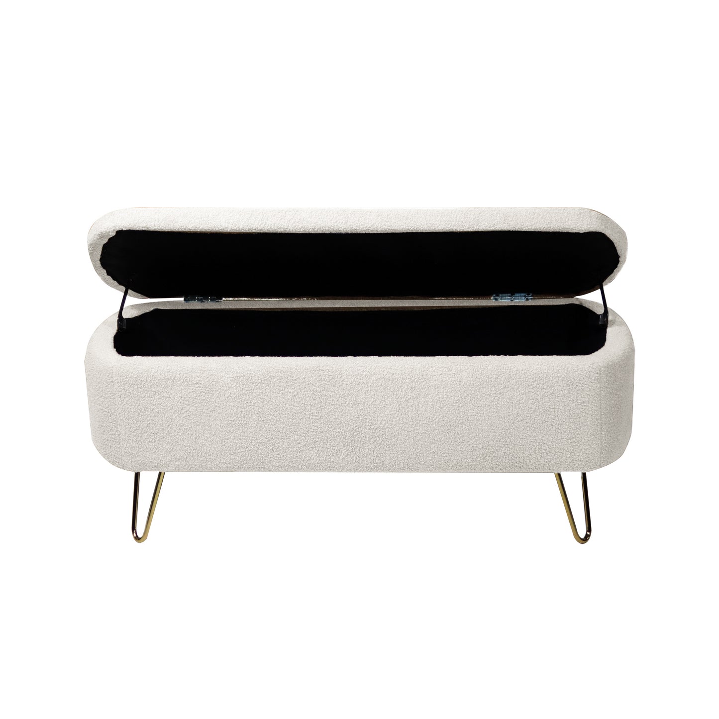 Cream boucle storage ottoman with open lid and gold hairpin legs