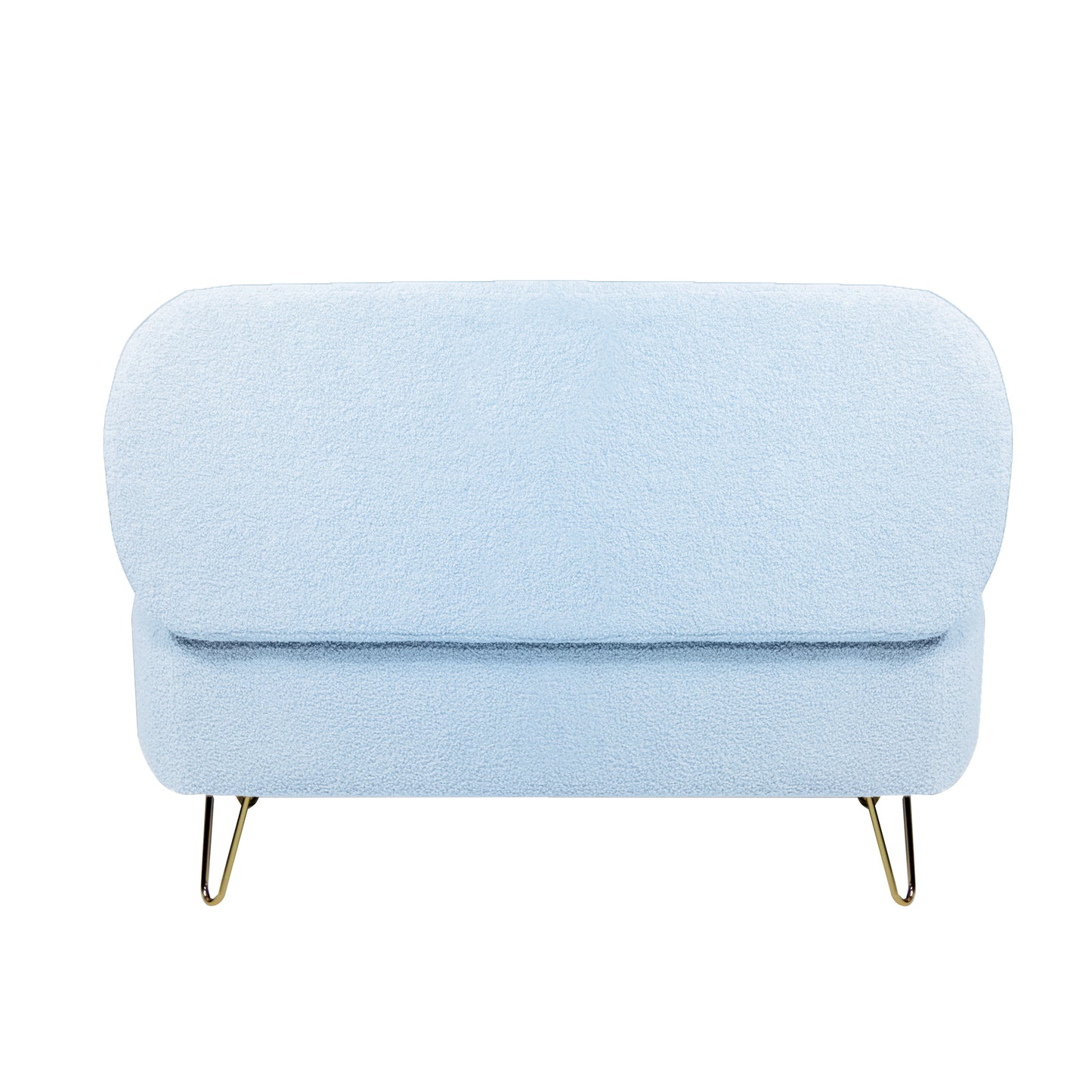 Light blue boucle fabric ottoman with gold hairpin legs