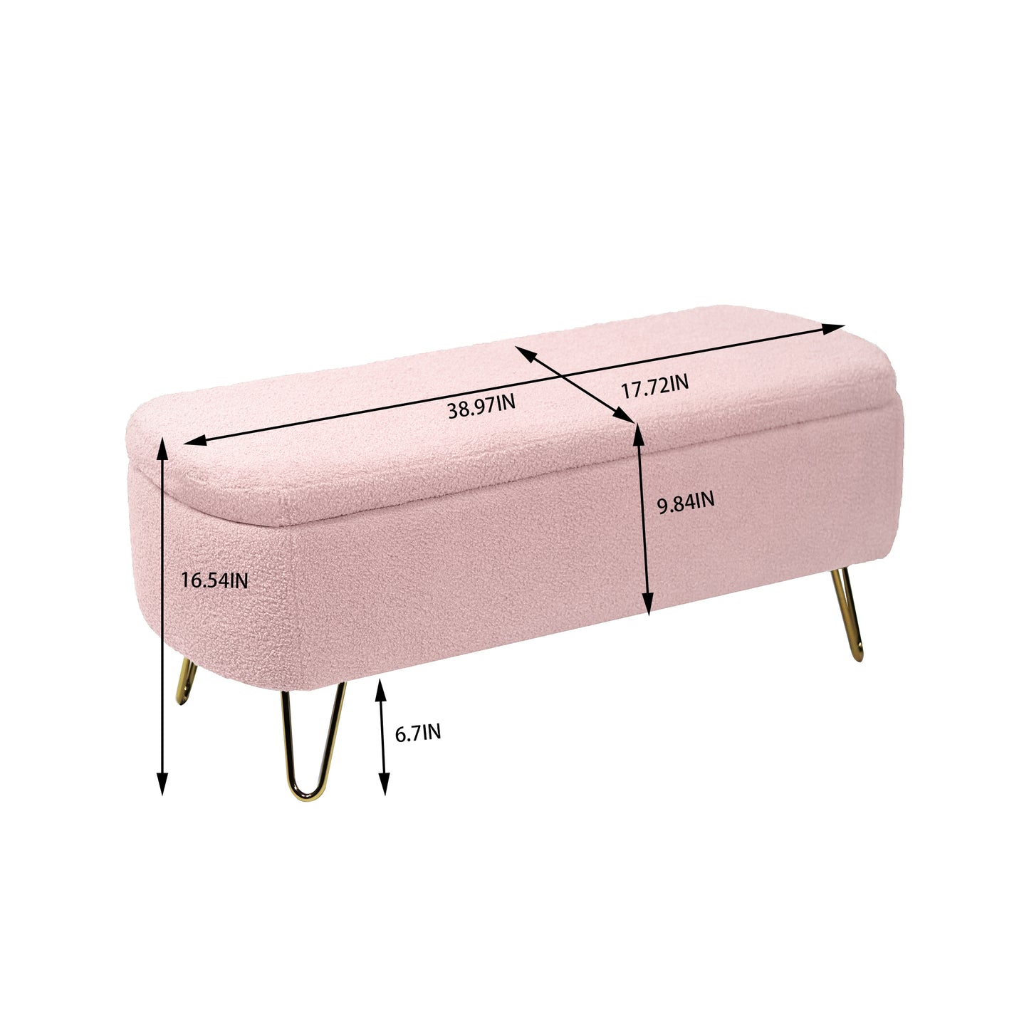 Pink teddy fabric storage ottoman with gold hairpin legs