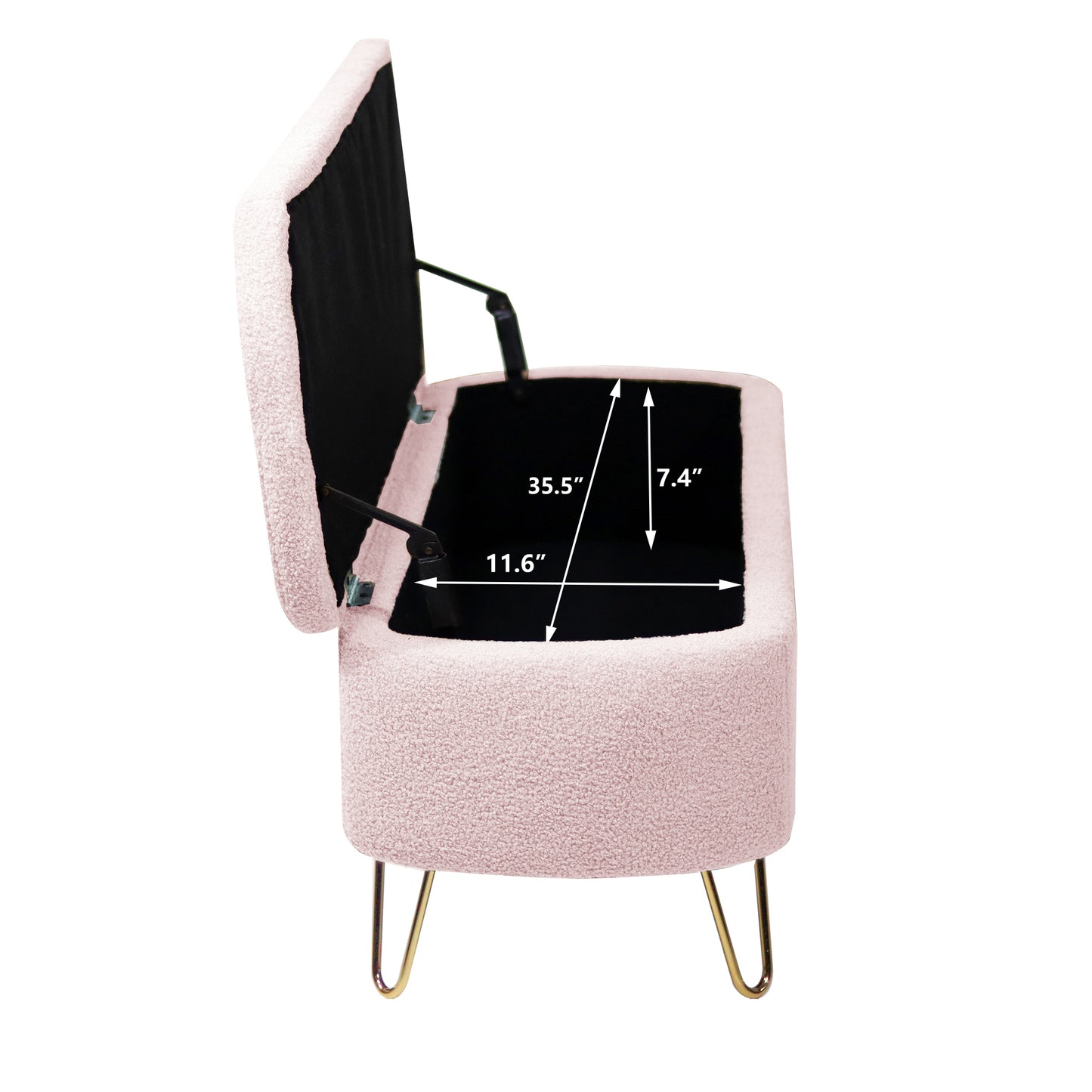 Pink teddy fabric storage ottoman with gold hairpin legs and open lid showing interior dimensions