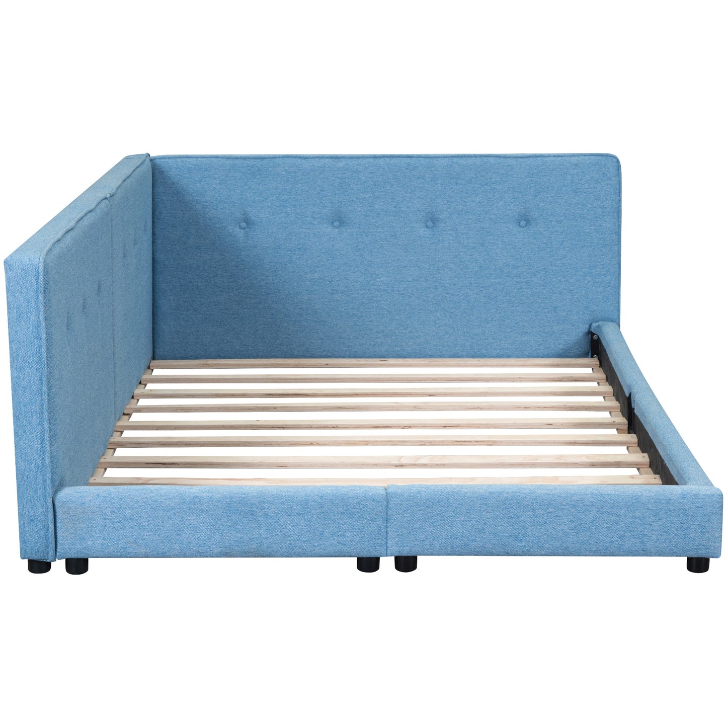 Blue fabric platform bed frame with tufted headboard detail