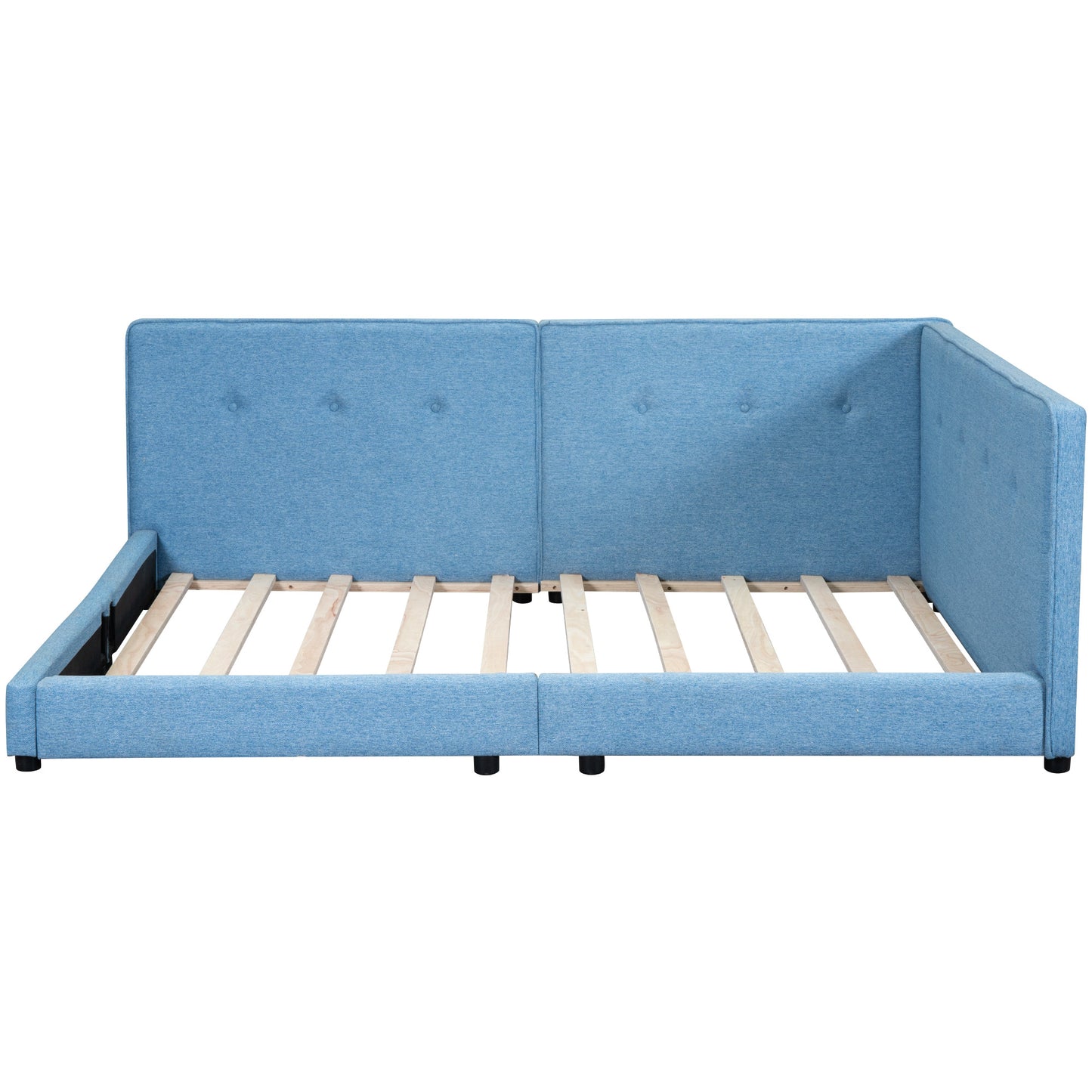 Blue upholstered twin daybed frame with tufted headboard and wooden slats