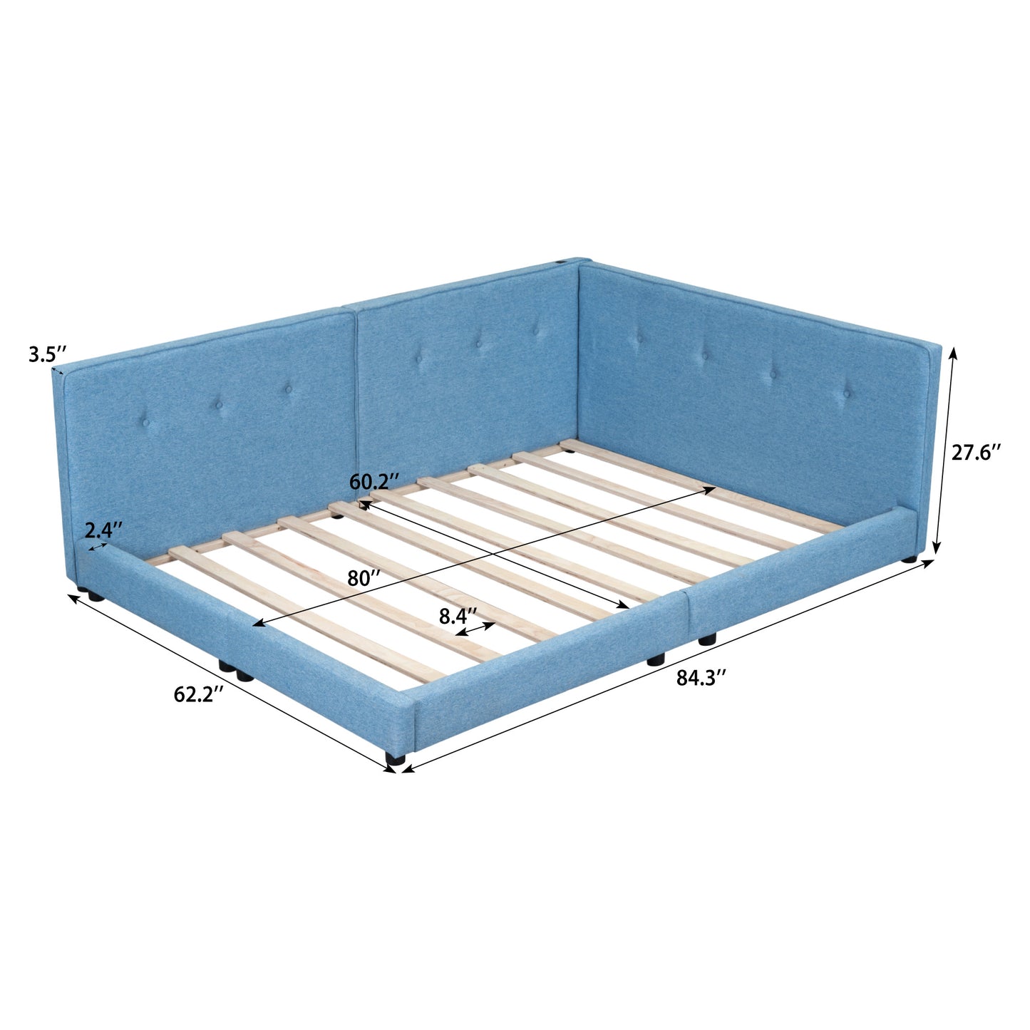 Blue upholstered bed frame with tufted headboard
