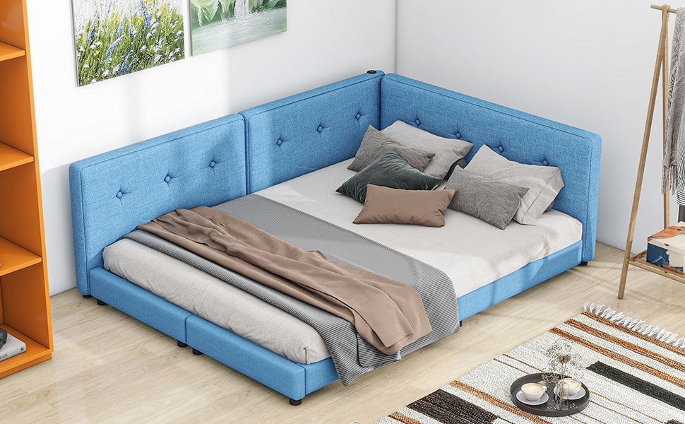 Blue fabric sectional bed with button tufting