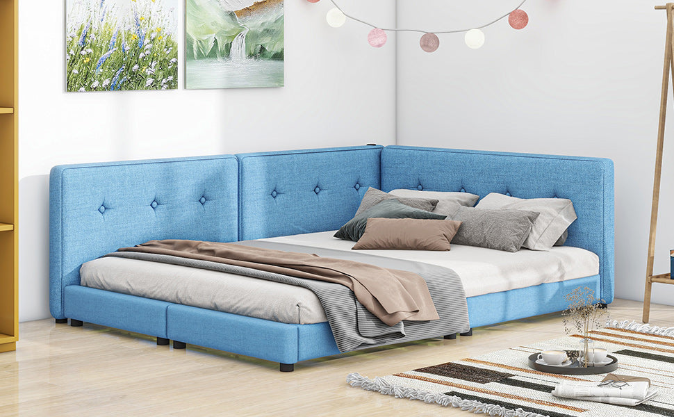 Blue fabric upholstered corner bed with tufted headboard and neutral bedding