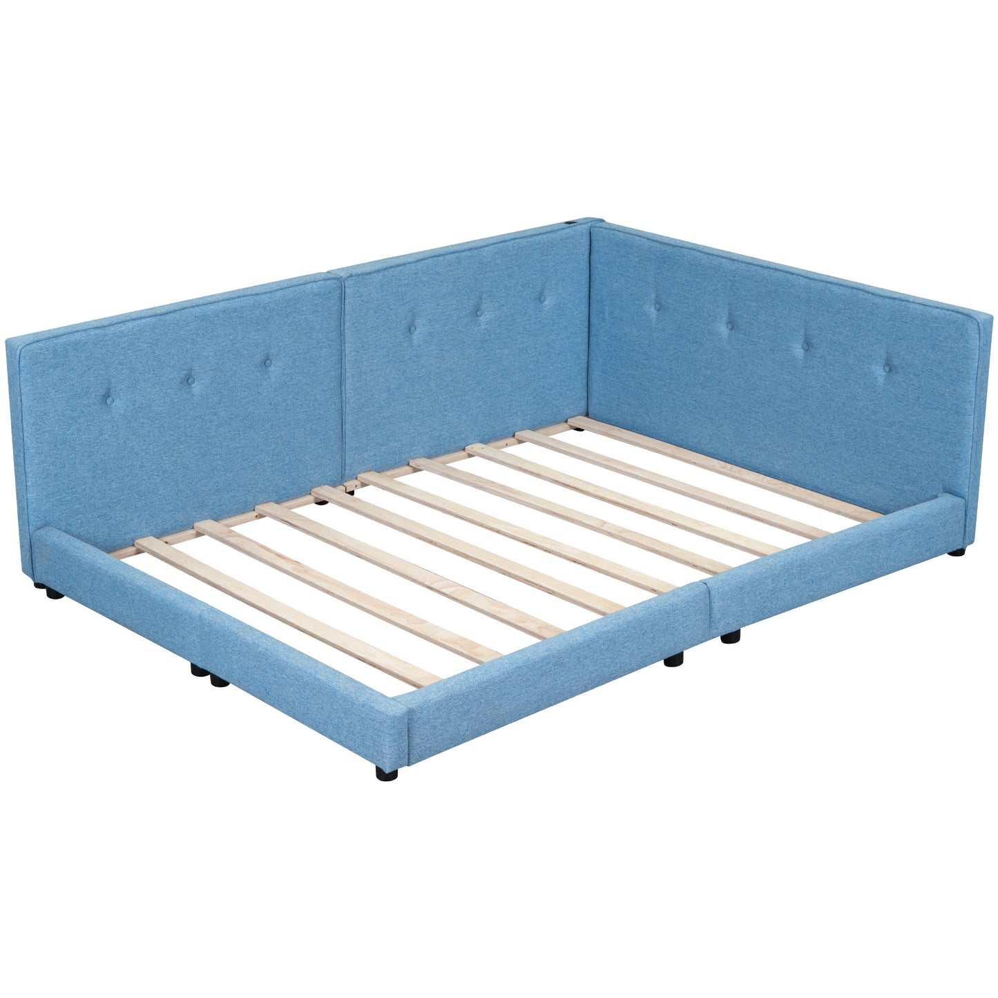 Blue upholstered twin bed frame with tufted headboard and slatted base