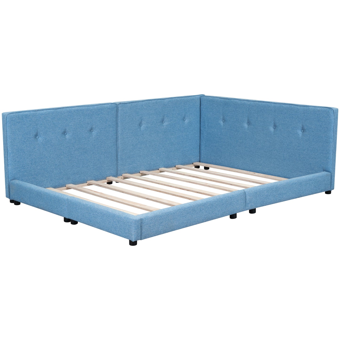 Tufted blue fabric sectional bed frame with wooden slats modern design