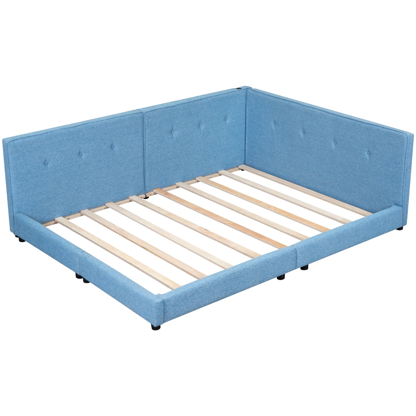Upholstered blue bed frame with tufted headboard and wooden slats