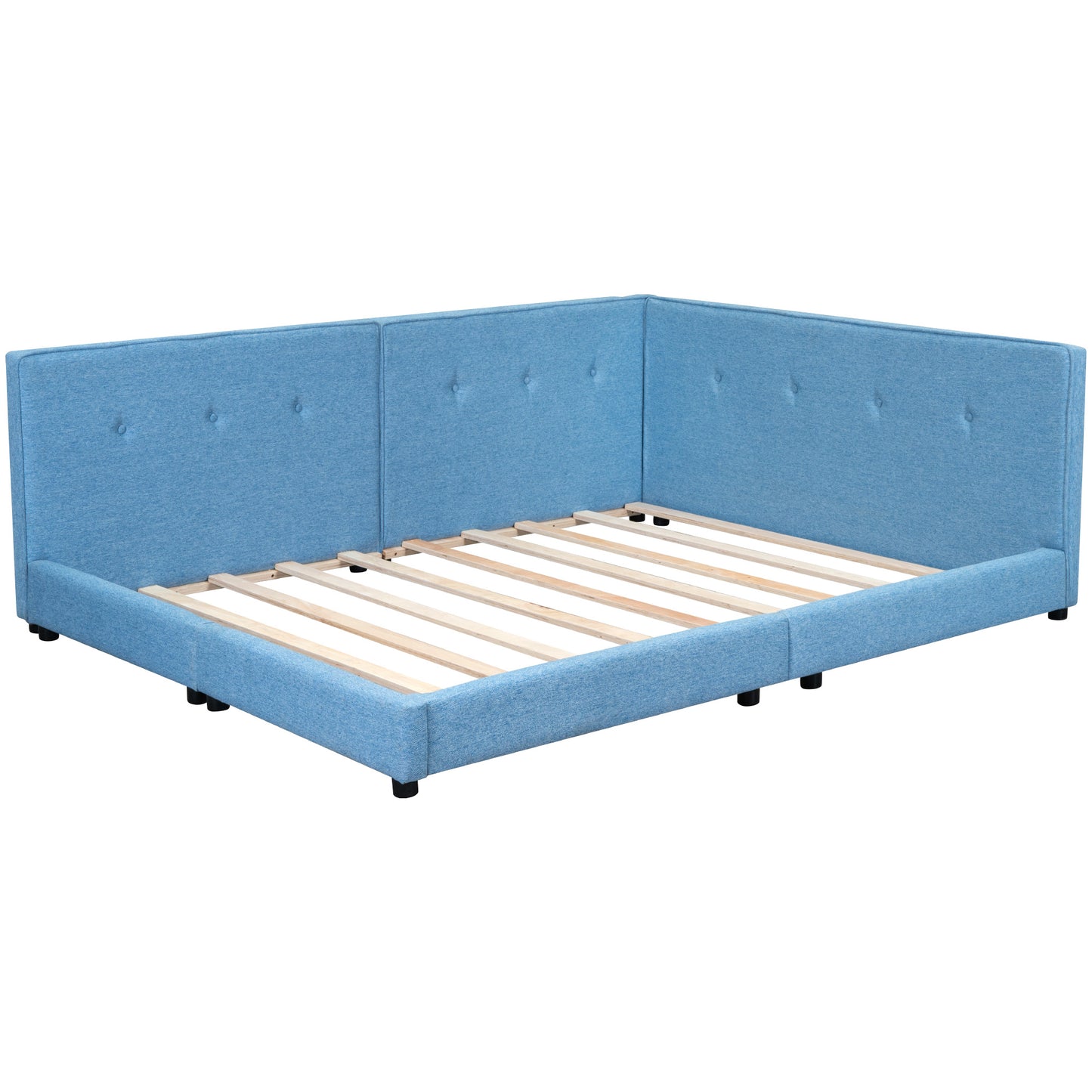 Blue fabric bed frame with tufted headboard and wooden slats