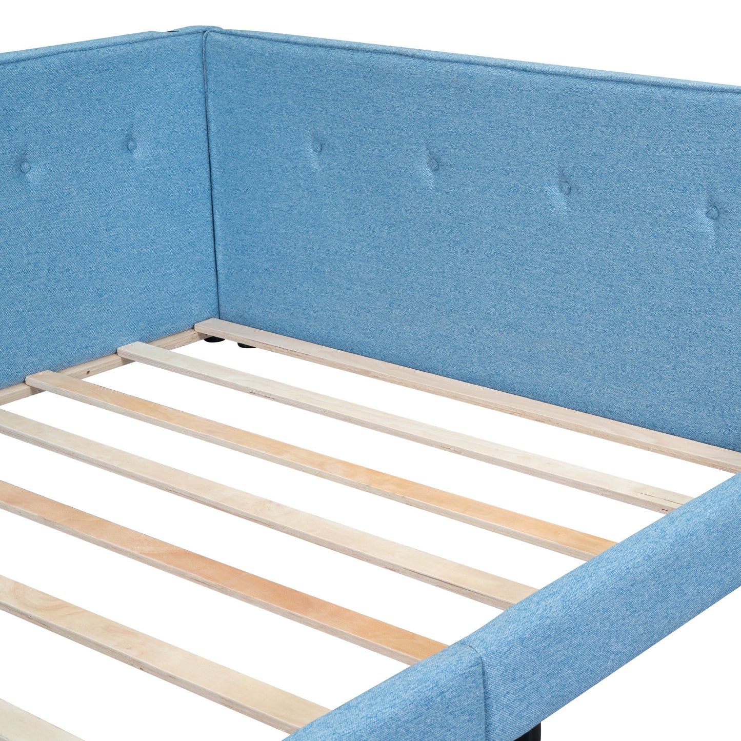 Upholstered blue bed frame with tufted headboard and wooden slats