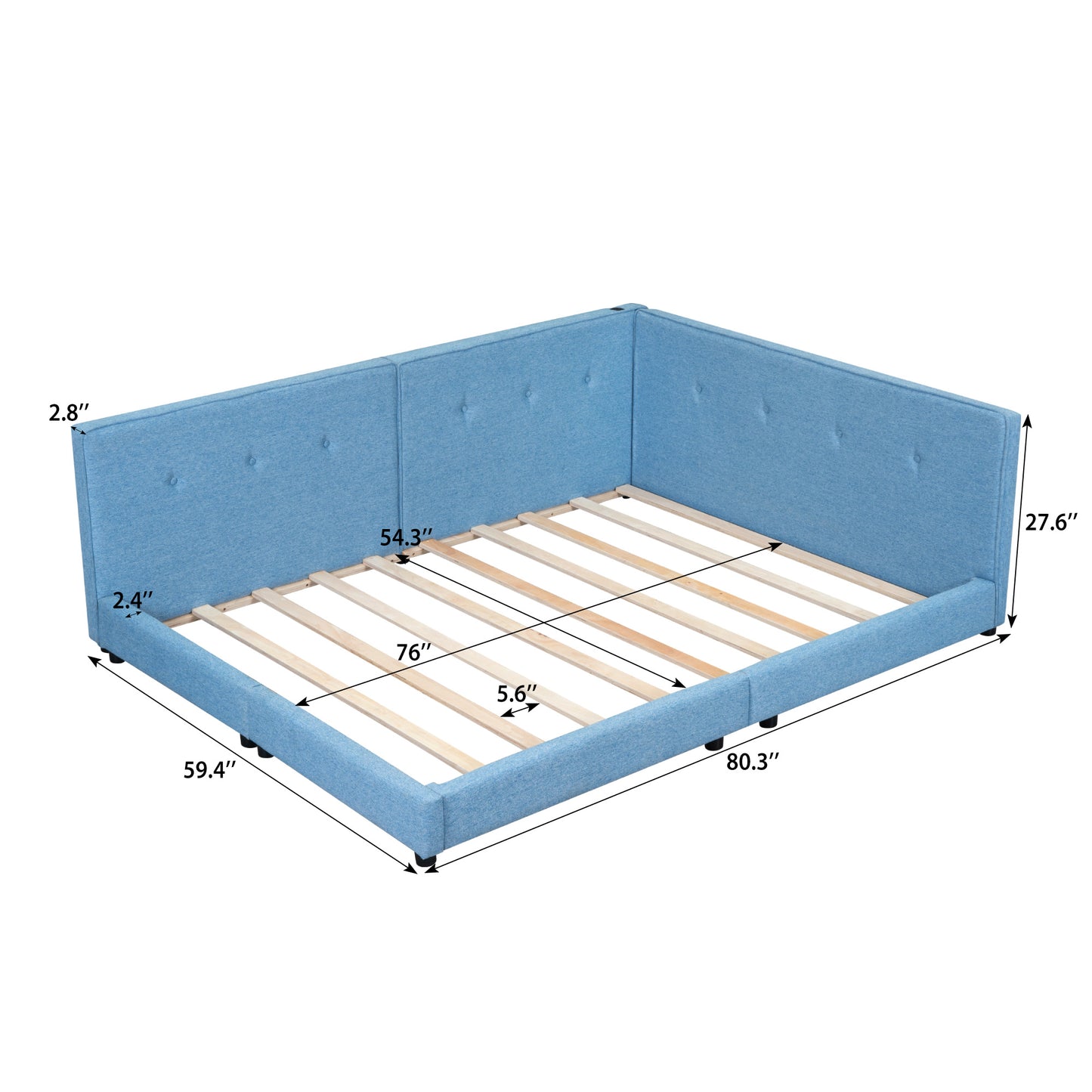 Blue upholstered bed frame with tufted headboard and wooden slats Queen size