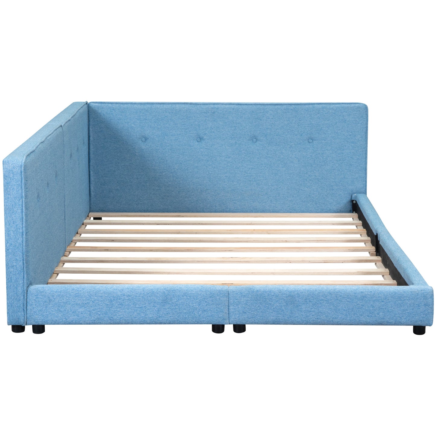Blue fabric upholstered Lshaped bed frame with button tufting and wooden slats