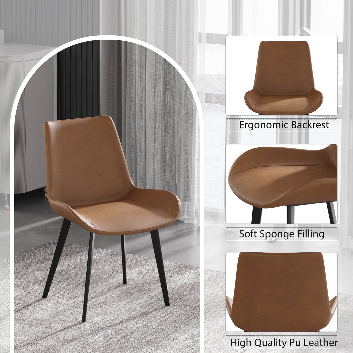 Tan PU leather accent chair with black metal legs