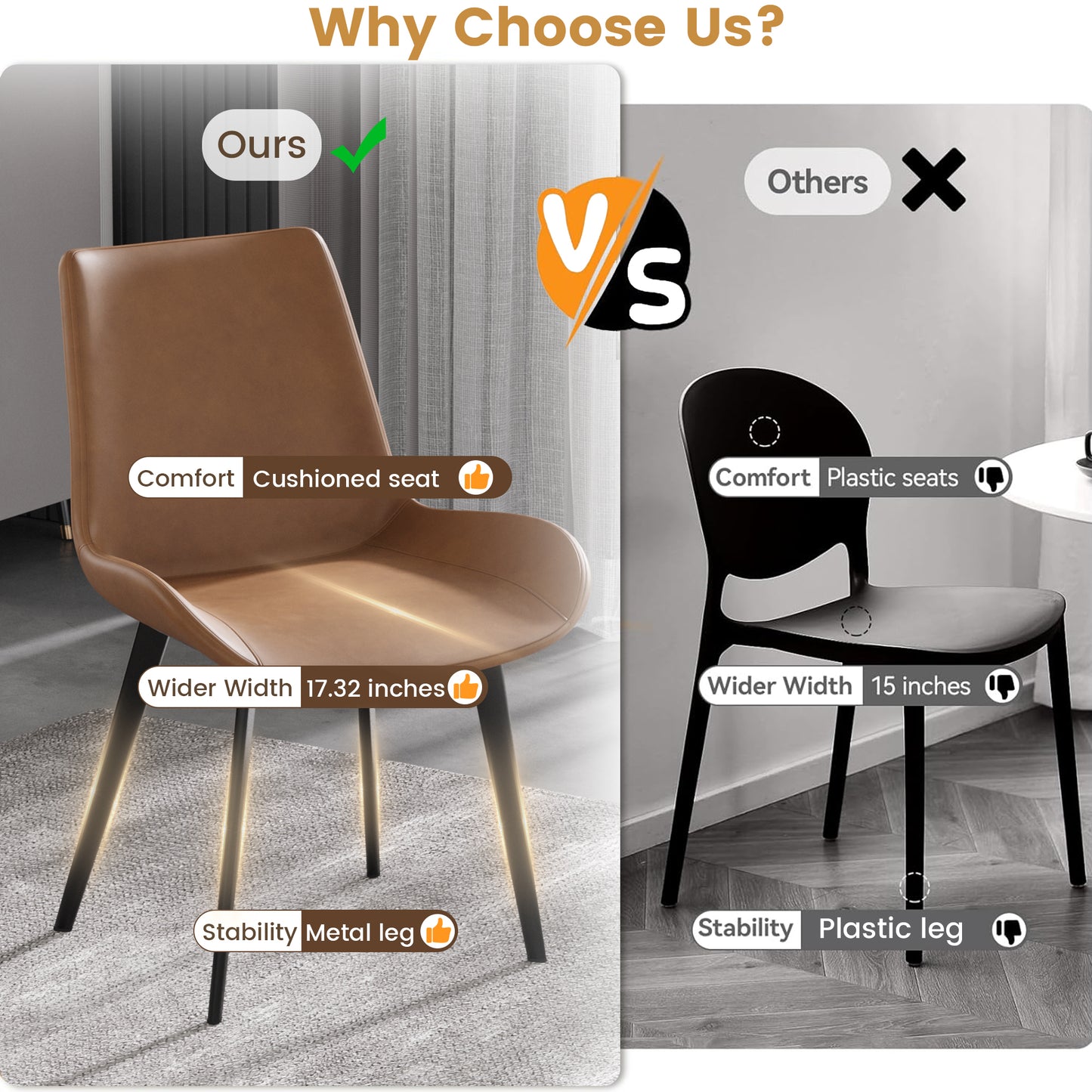 Brown faux leather accent chair with cushioned seat and wider inch metal legs