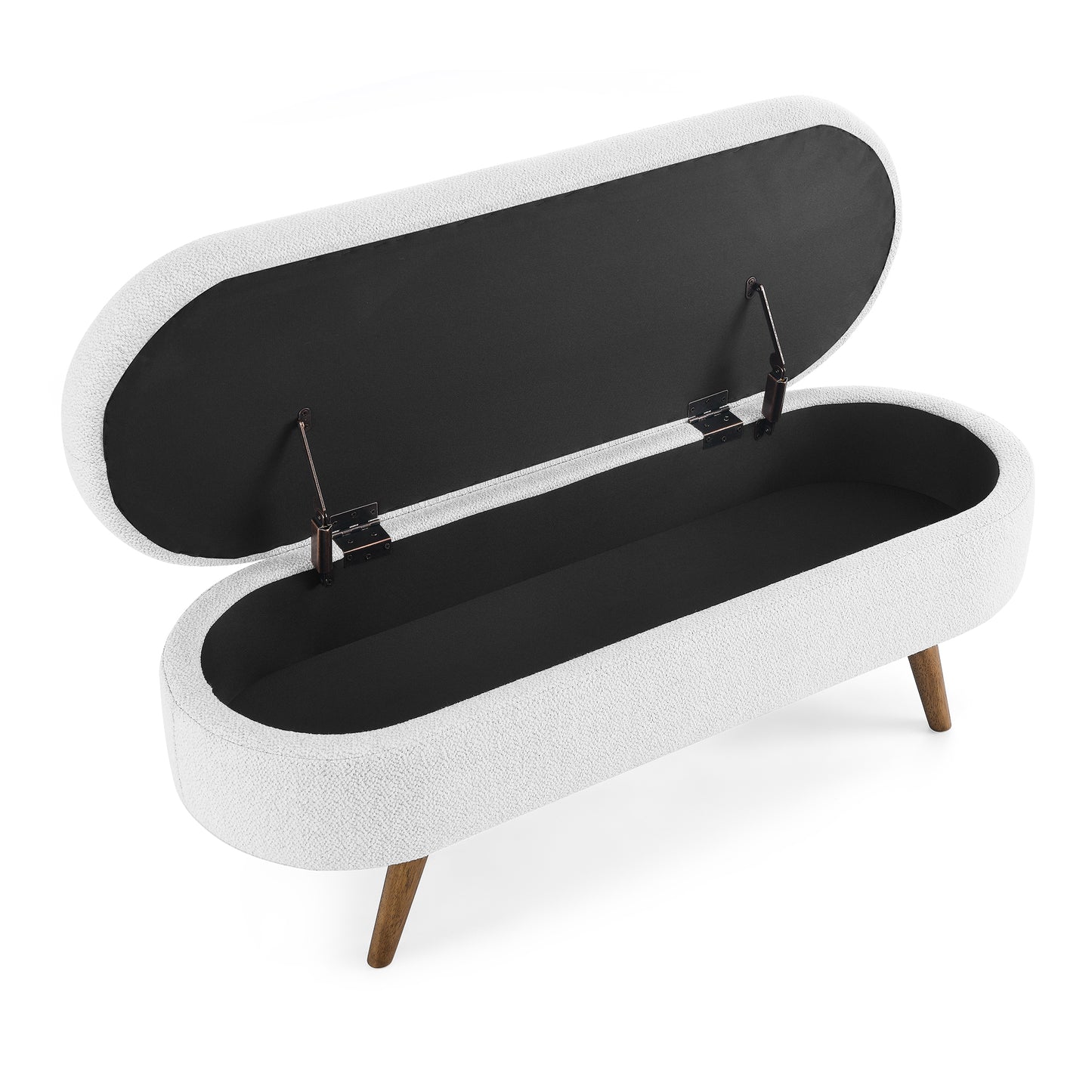 White boucle storage ottoman with open lid and dark interior
