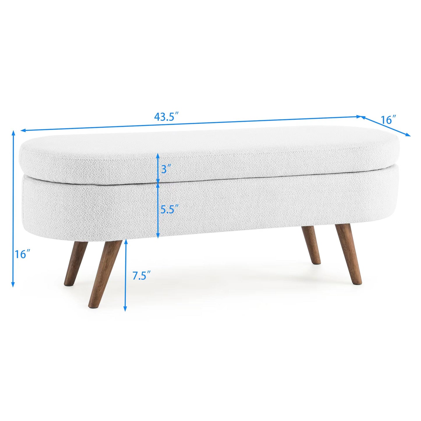 White textured storage ottoman with wooden tapered legs