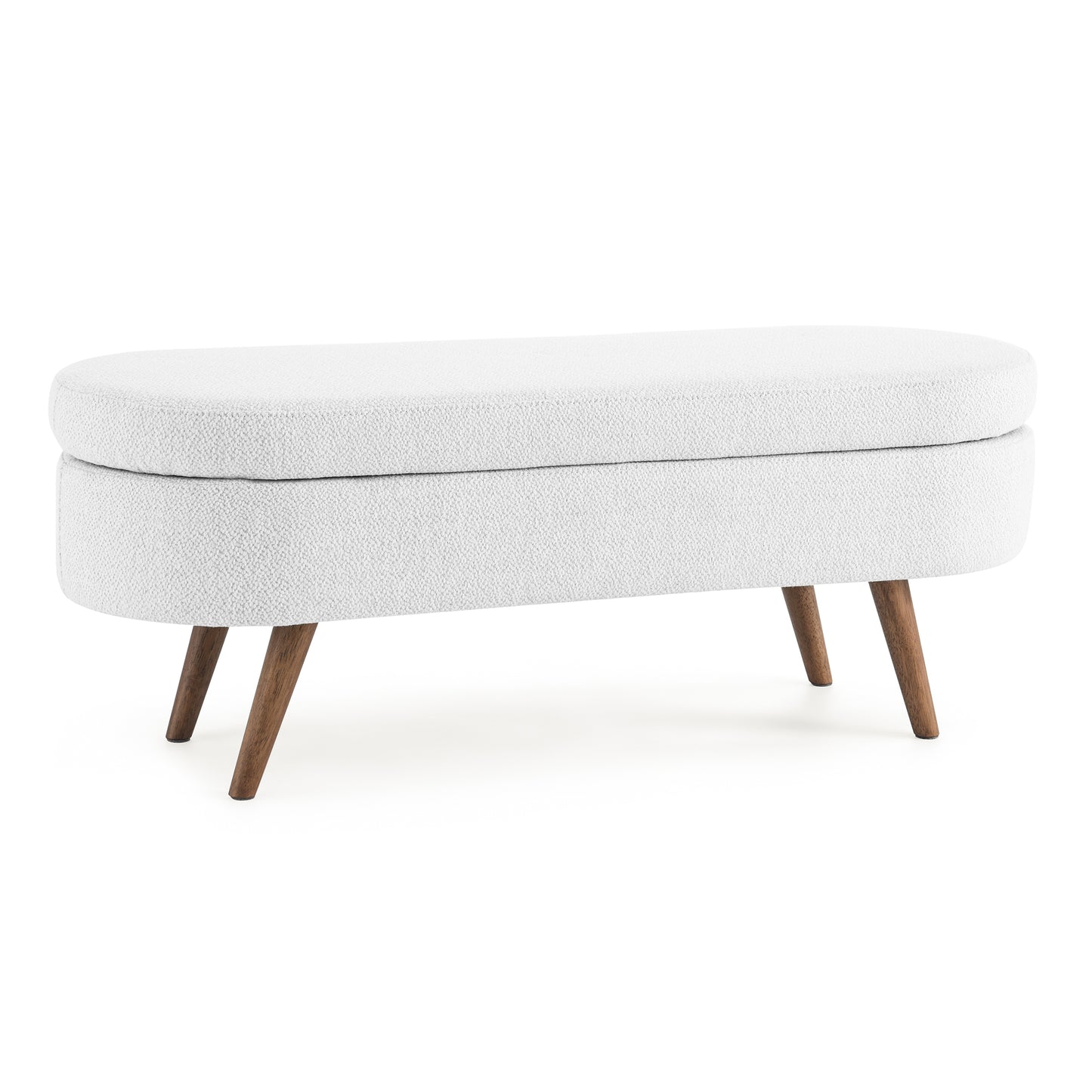 White boucle storage ottoman with tapered wooden legs