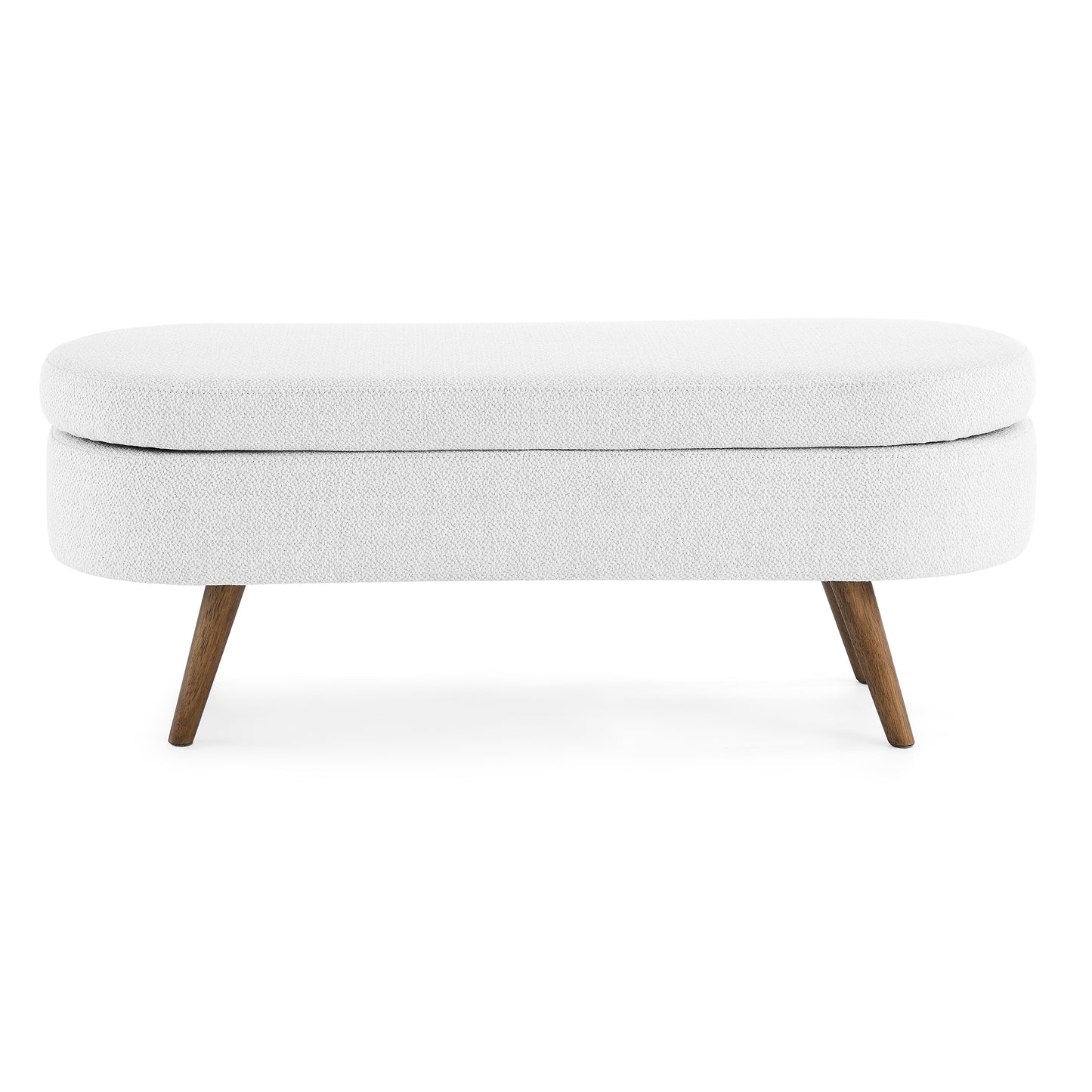 White upholstered storage ottoman with wooden legs