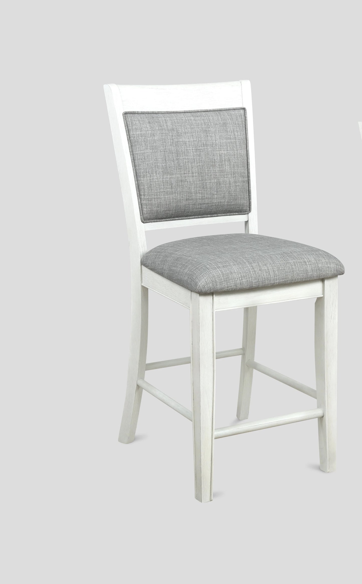 White washed wood counter stool with grey fabric seat and back