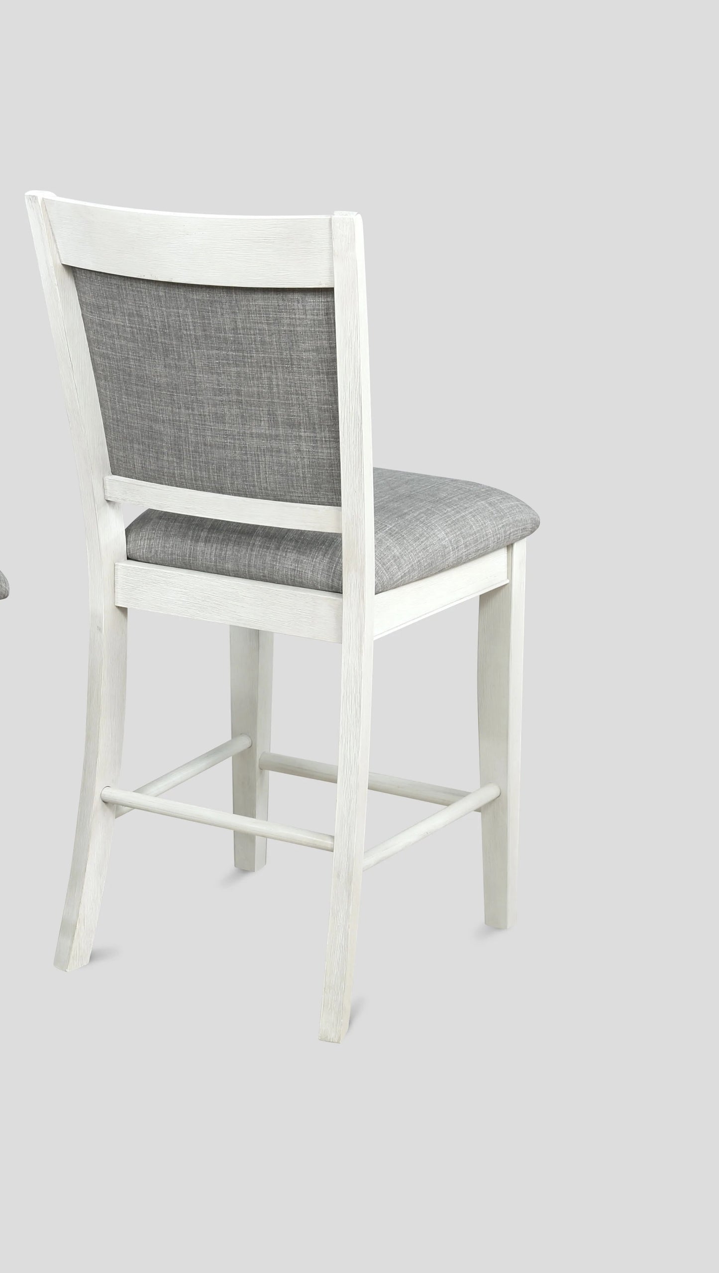 White wash counter stool with grey upholstered seat and back