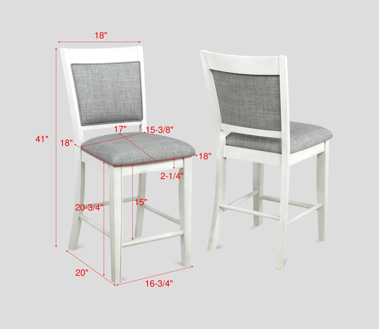 White distressed wood counter stool with grey upholstered seat and back
