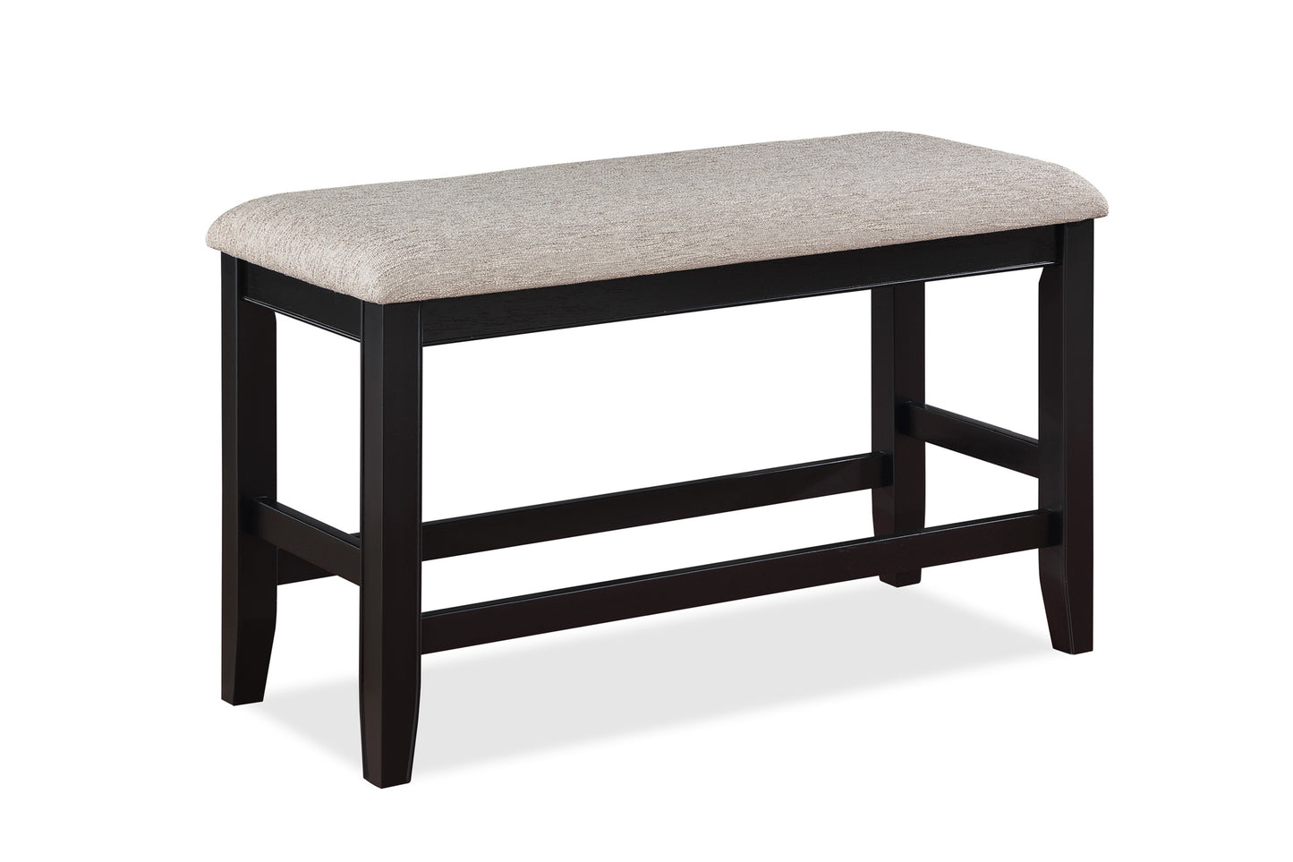 Dark brown wooden frame upholstered bench with neutral fabric seat