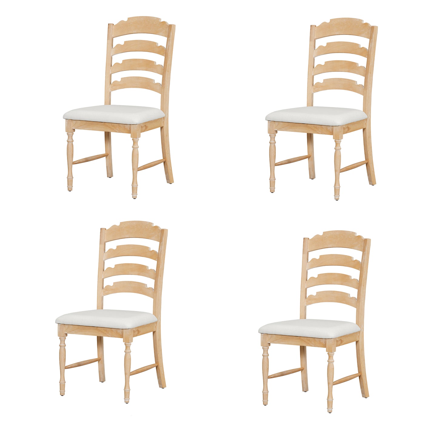 Light wood dining chair with upholstered white seat and ladder back
