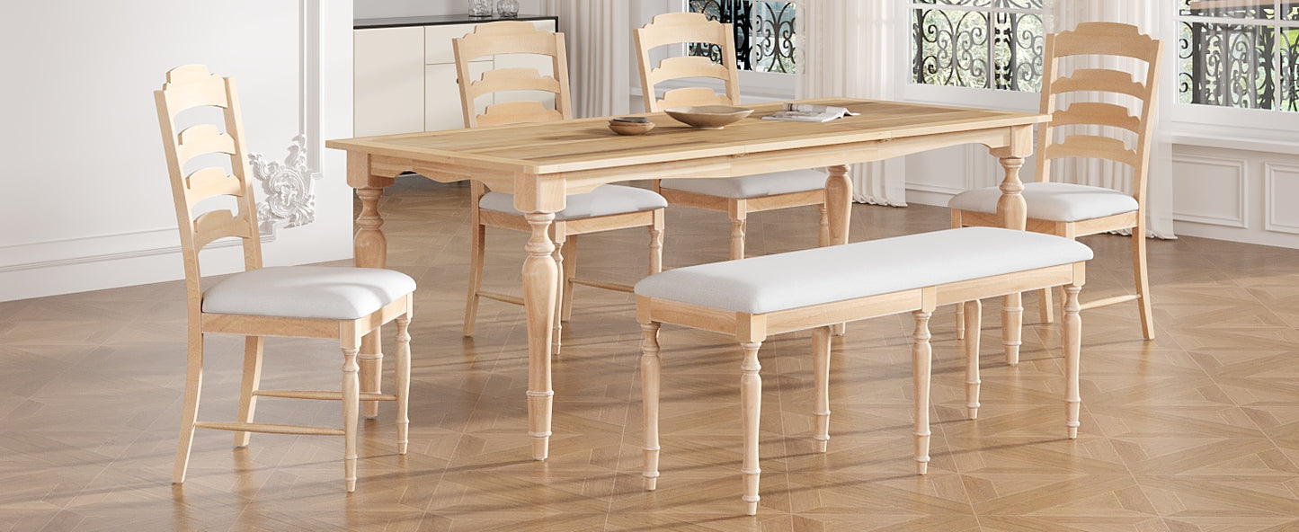 Light oak dining chairs with curved ladder backs and white upholstered seats