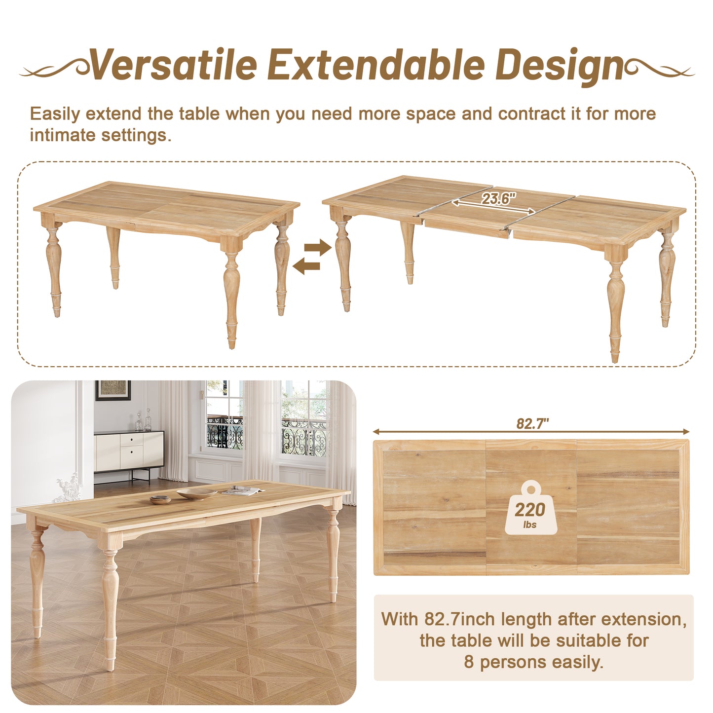 Light wood extendable dining table with carved legs