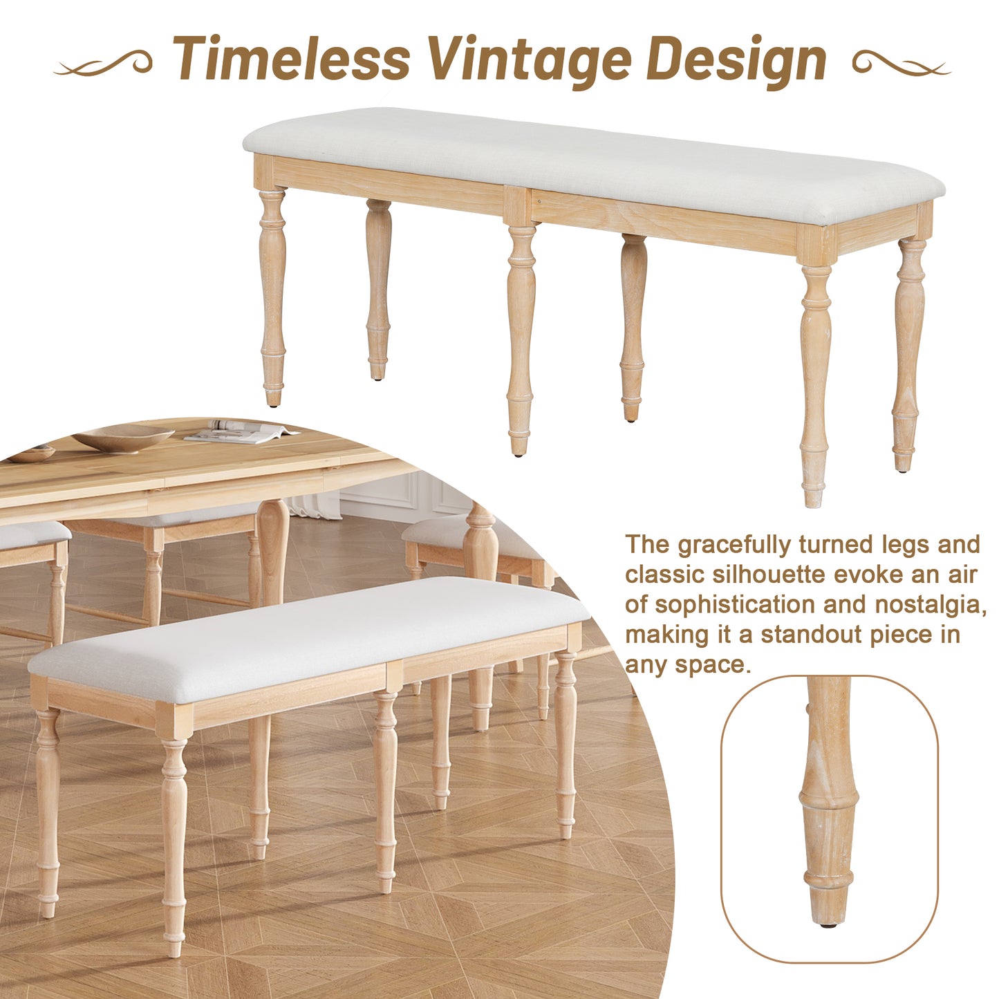 Light wood dining bench with white upholstered seat and turned legs