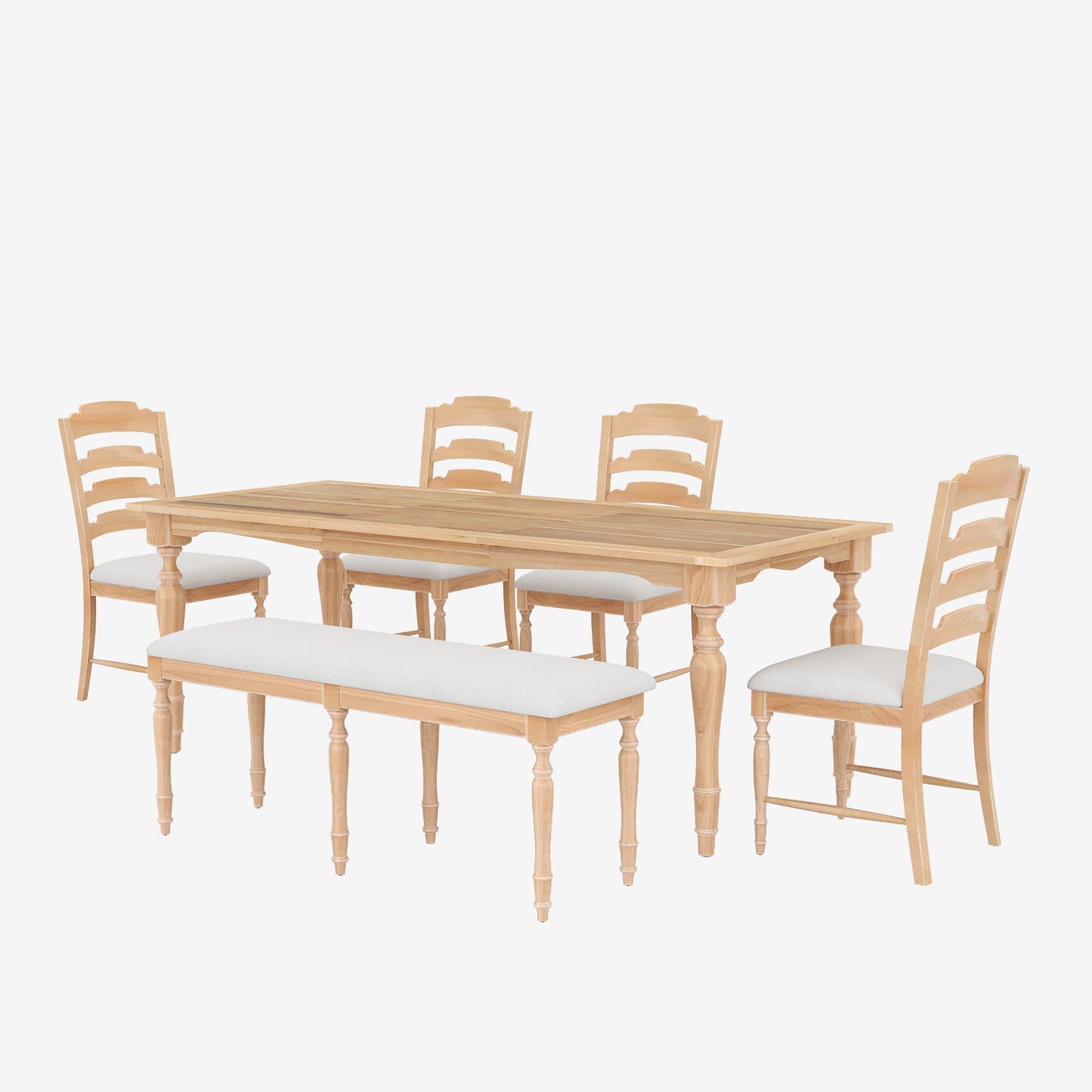 Light wood dining table with slatted back chairs and upholstered bench