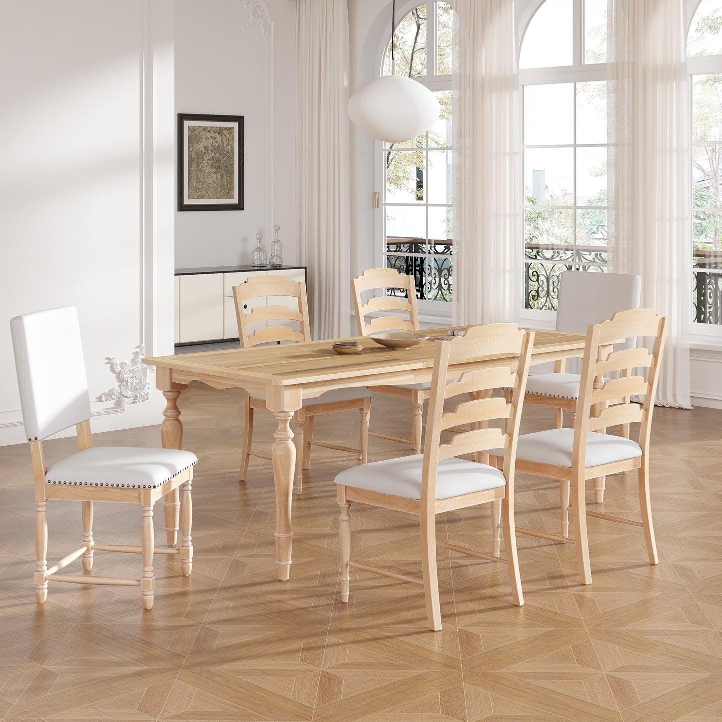 Light wood dining table with ladderback chairs