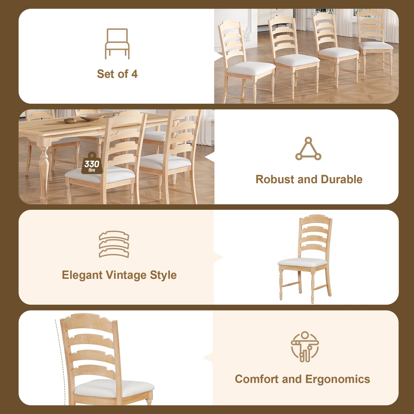Set of natural wood dining chairs with cushioned seats