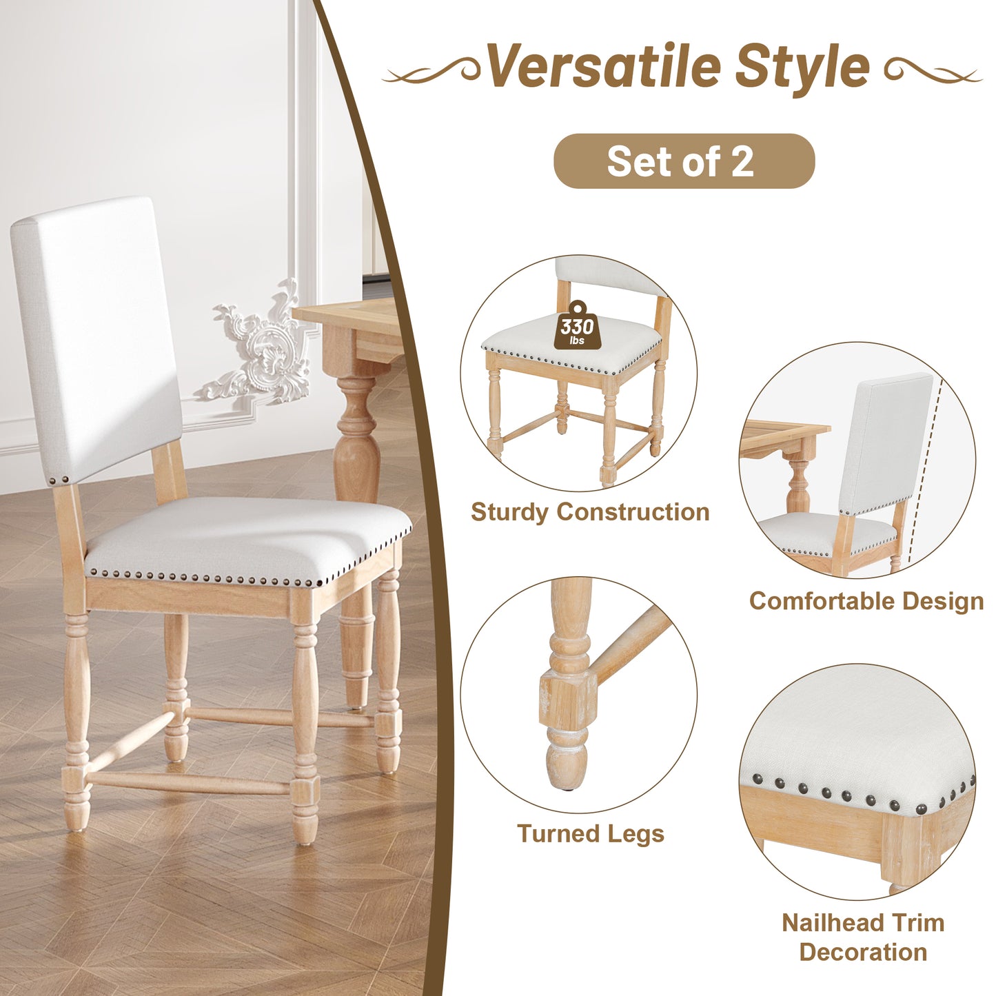 White upholstered wooden dining chair with nailhead trim