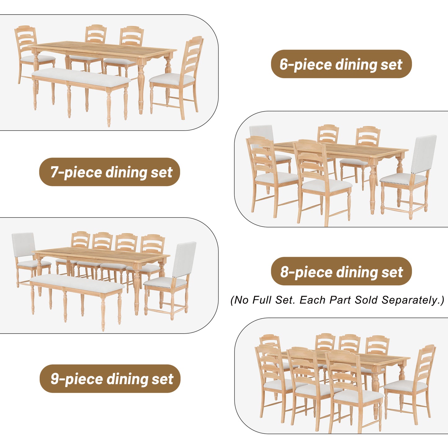 Light wood piece dining set with ladderback chairs and upholstered seats