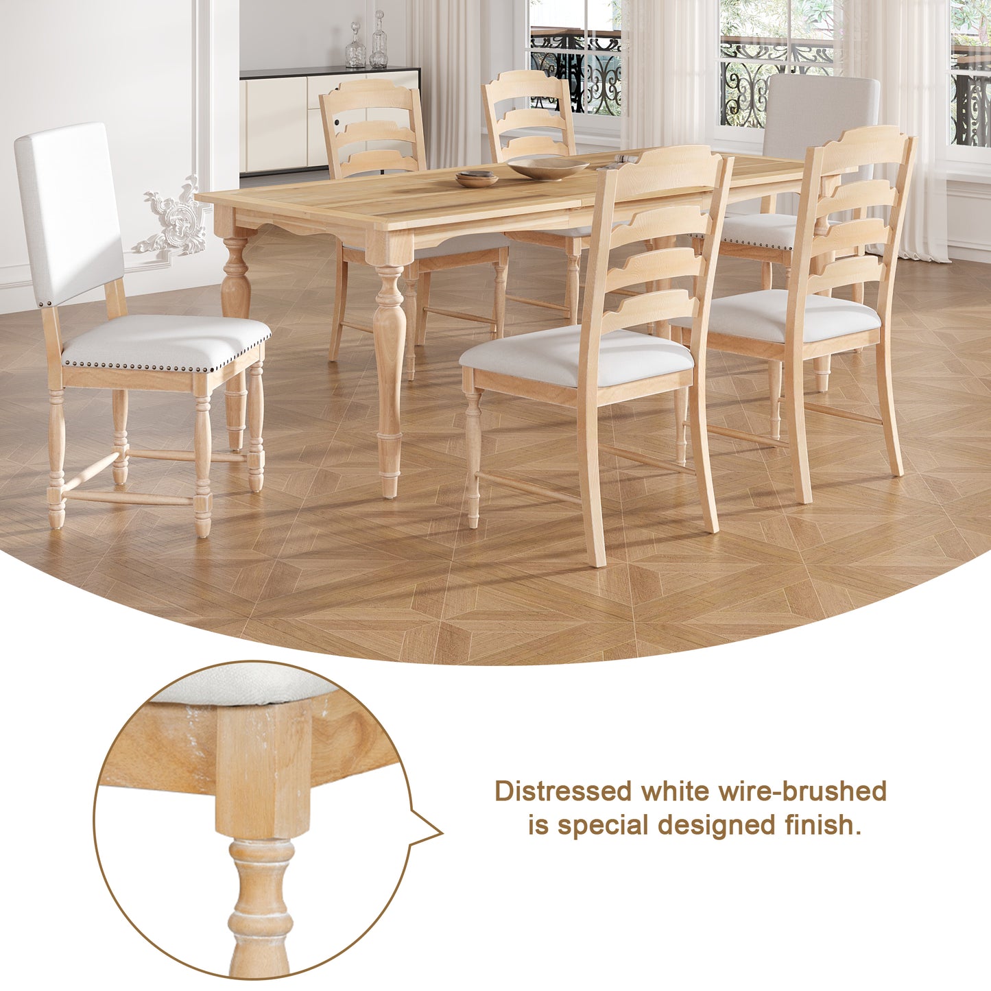 Light oak dining table with distressed white chairs