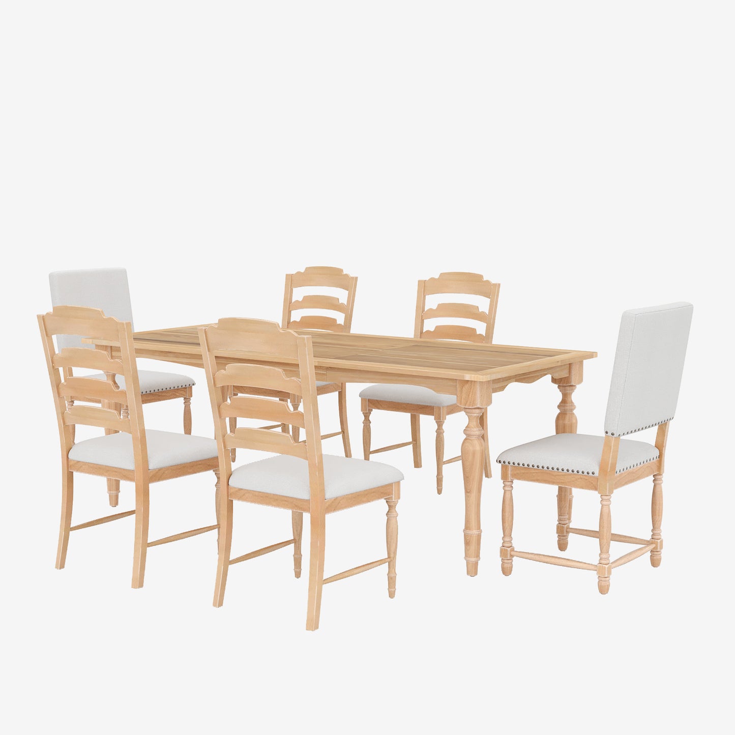 Light wood dining table with six upholstered chairs