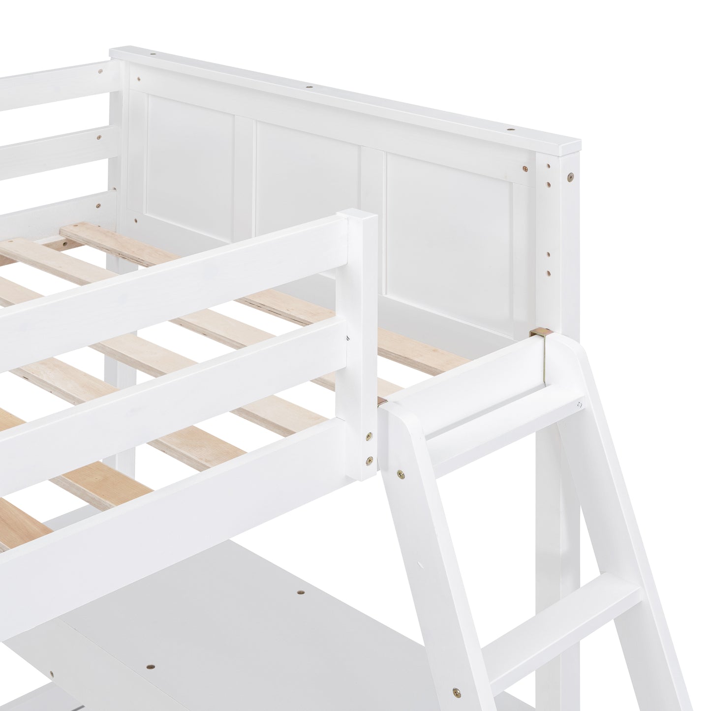 White wooden bunk bed frame with ladder