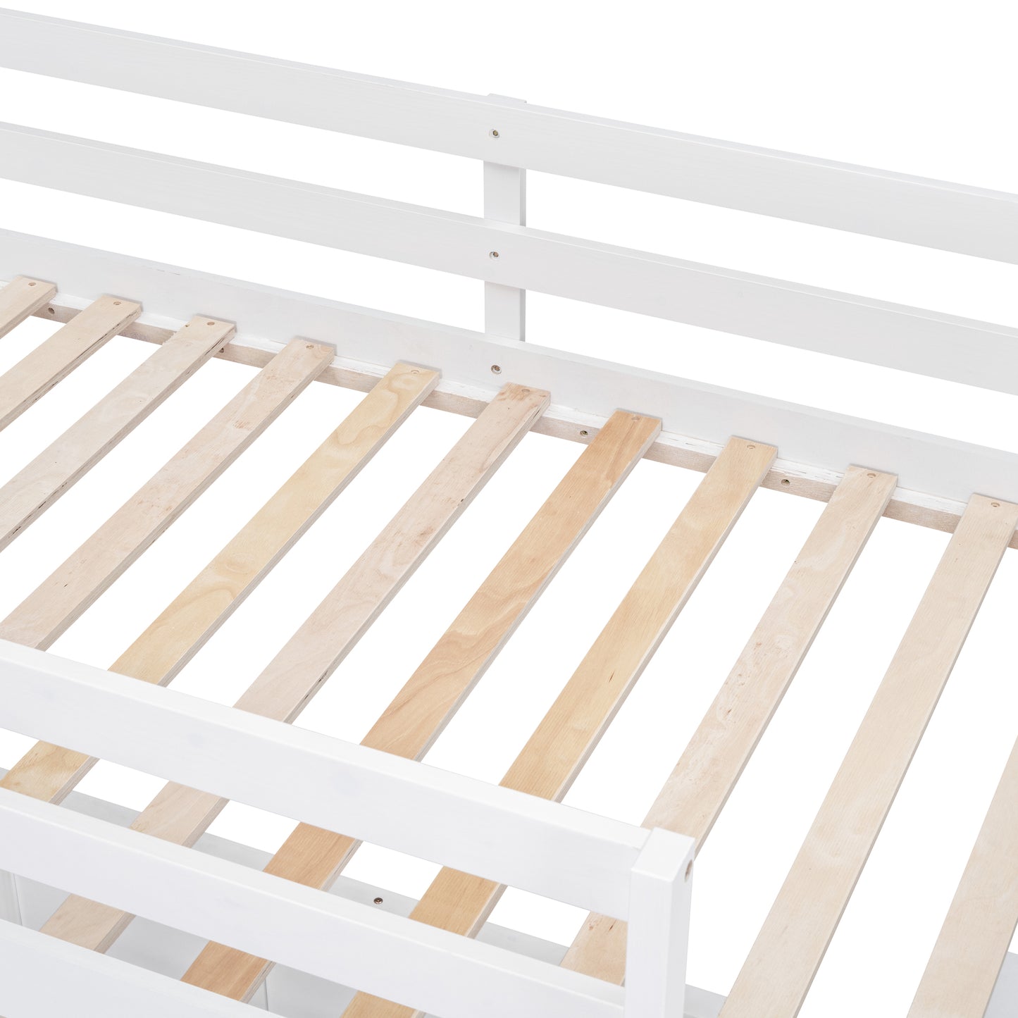 White wooden bunk bed frame with sturdy slatted base