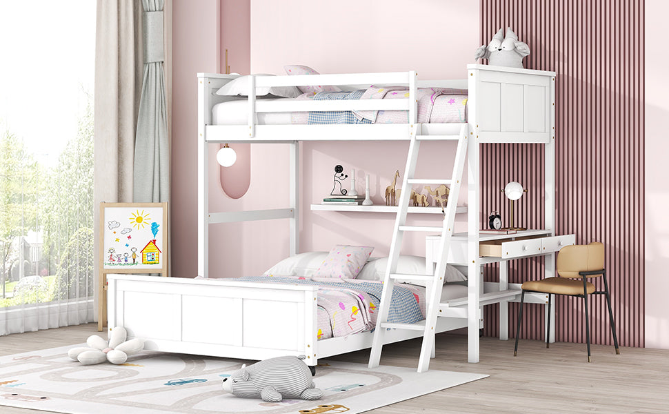 White wooden bunk bed with integrated desk and ladder