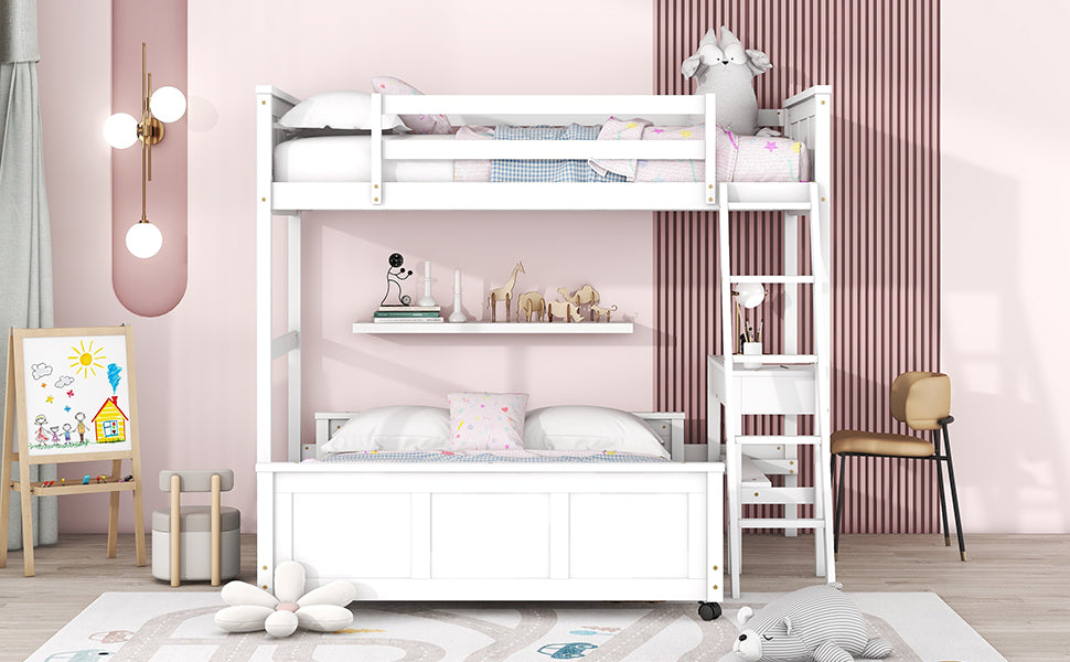 White wooden bunk bed with desk and ladder