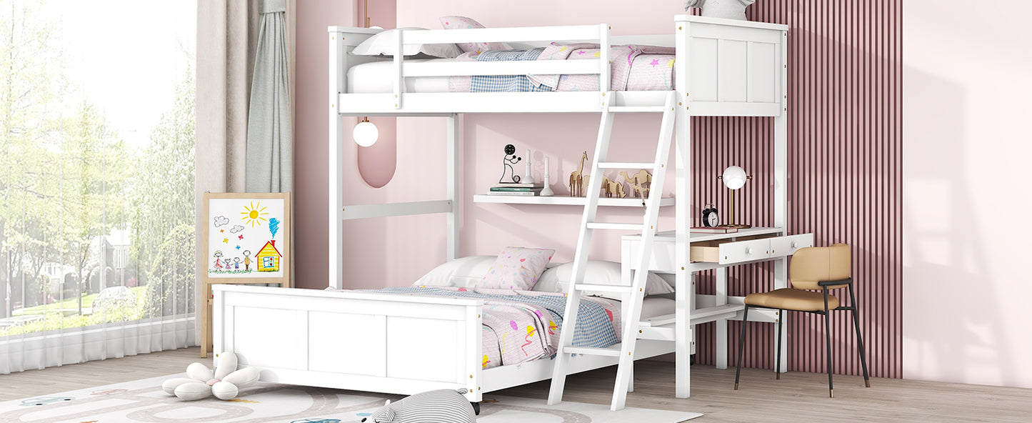 White wooden bunk bed with desk and ladder