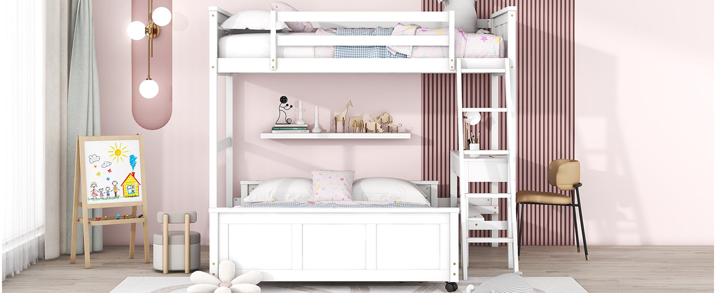 White wooden bunk bed with integrated desk and stairs
