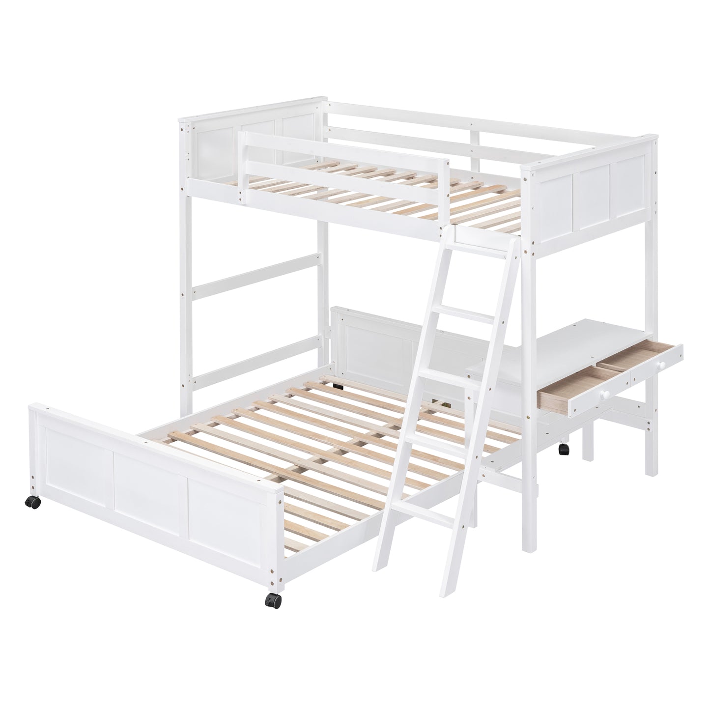 White wooden bunk bed with desk and drawers