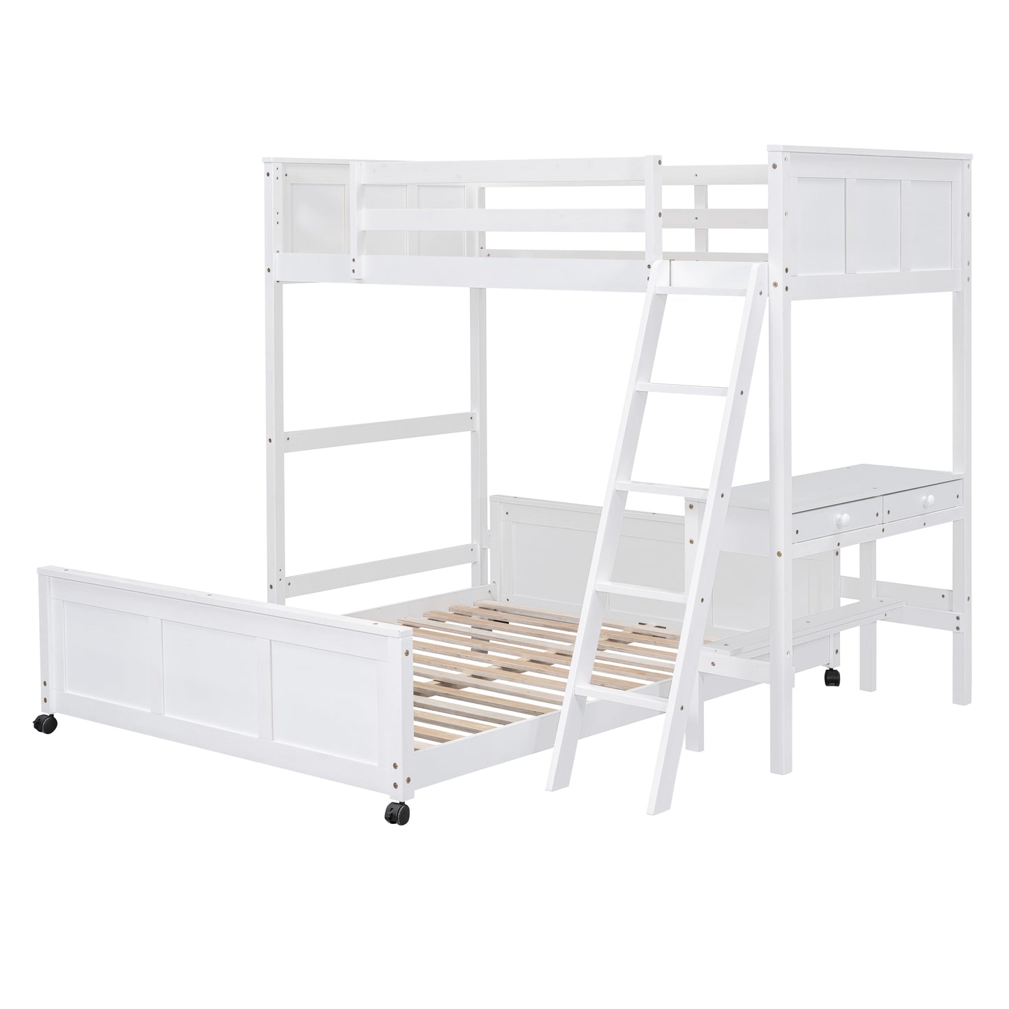 White twin over twin bunk bed with desk and ladder