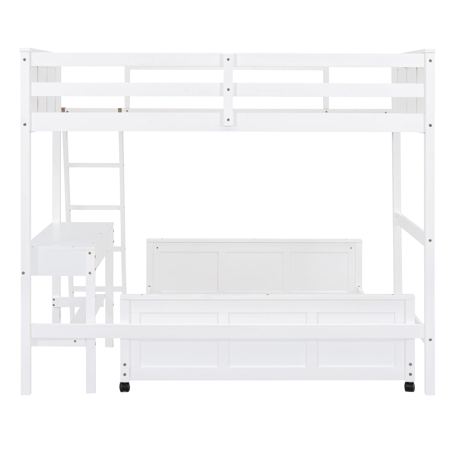 White wooden bunk bed with desk and ladder