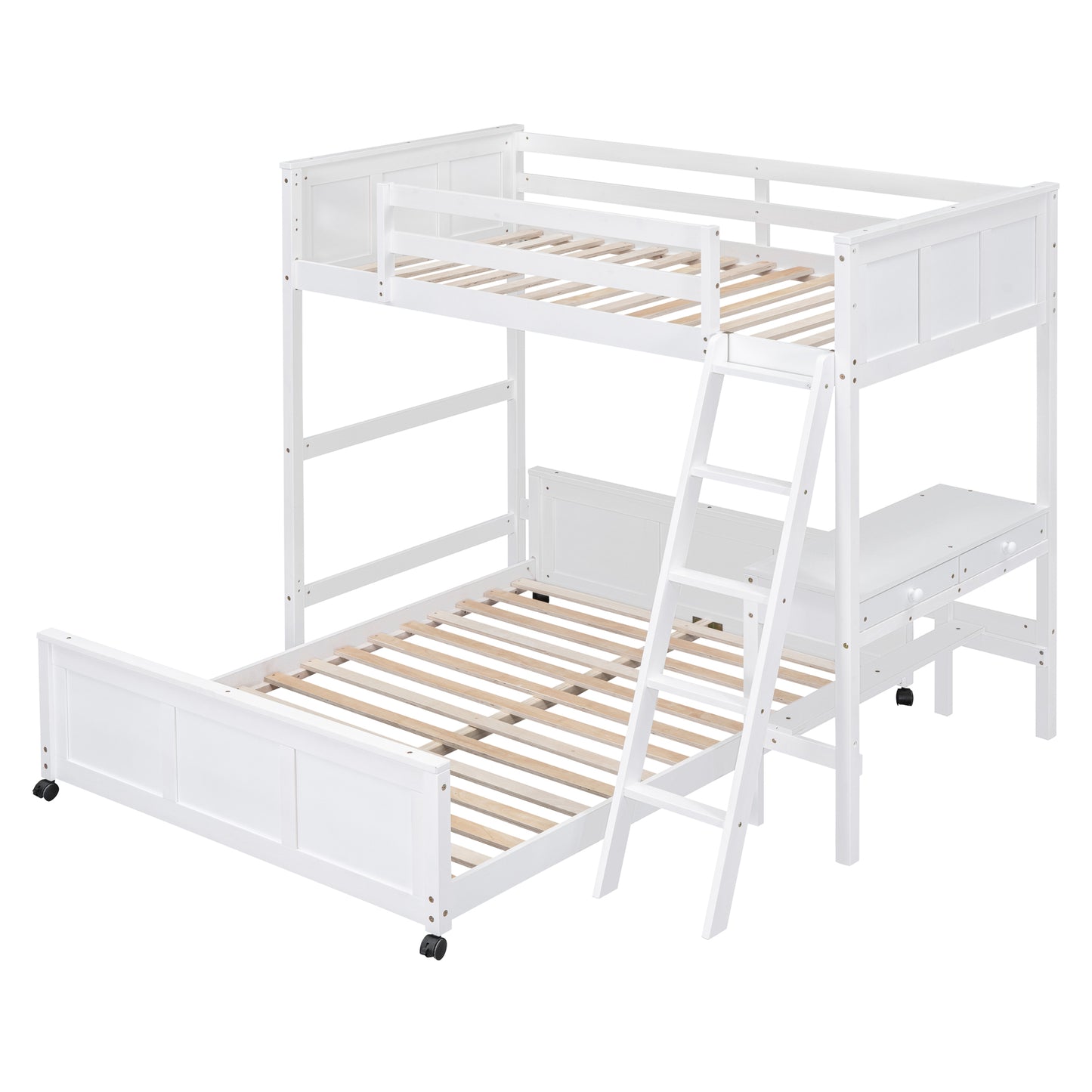 White twin over twin bunk bed with integrated desk and pullout trundle