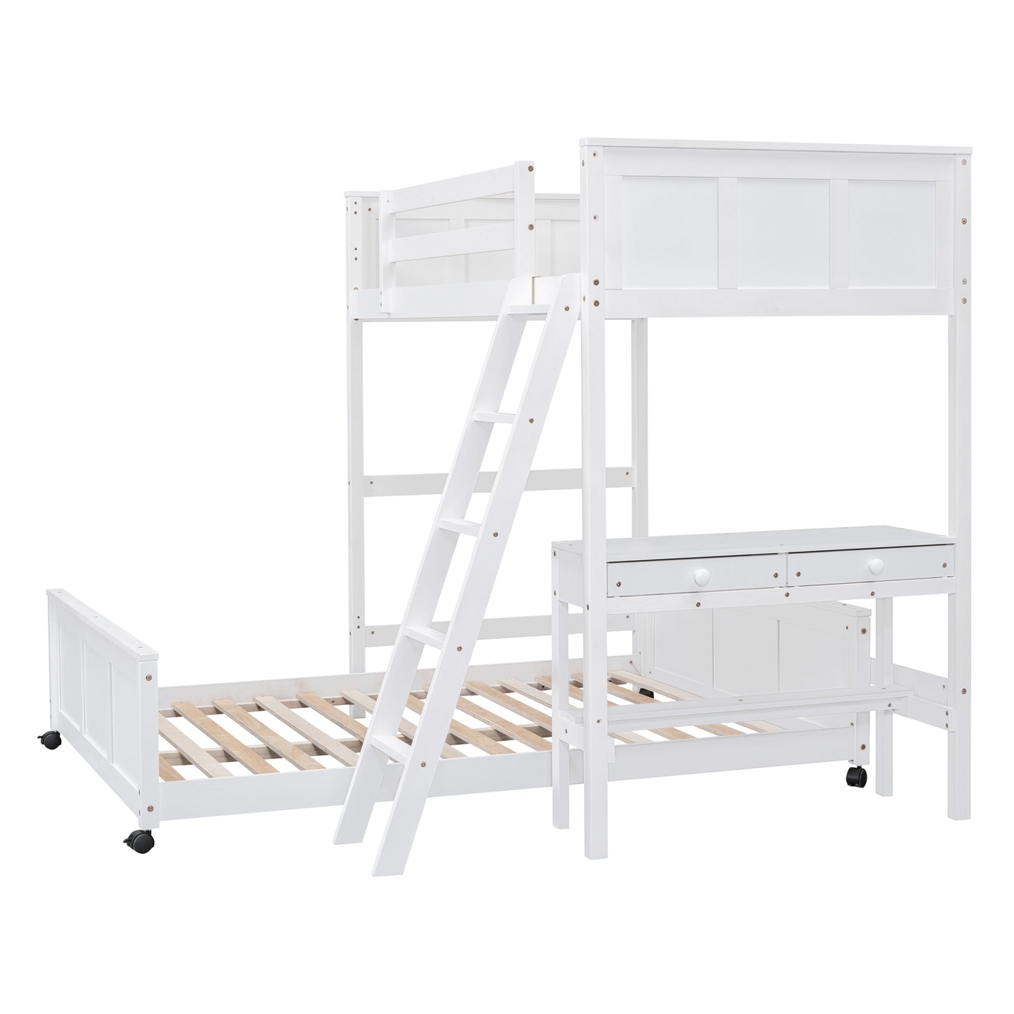 White twin over twin bunk bed with desk and ladder