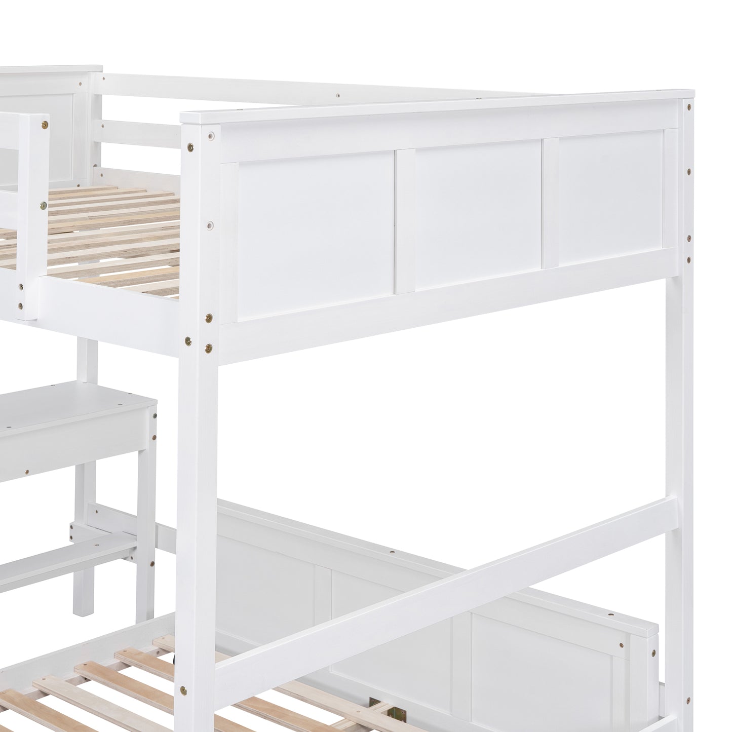 White wooden twin over twin bunk bed frame with ladder