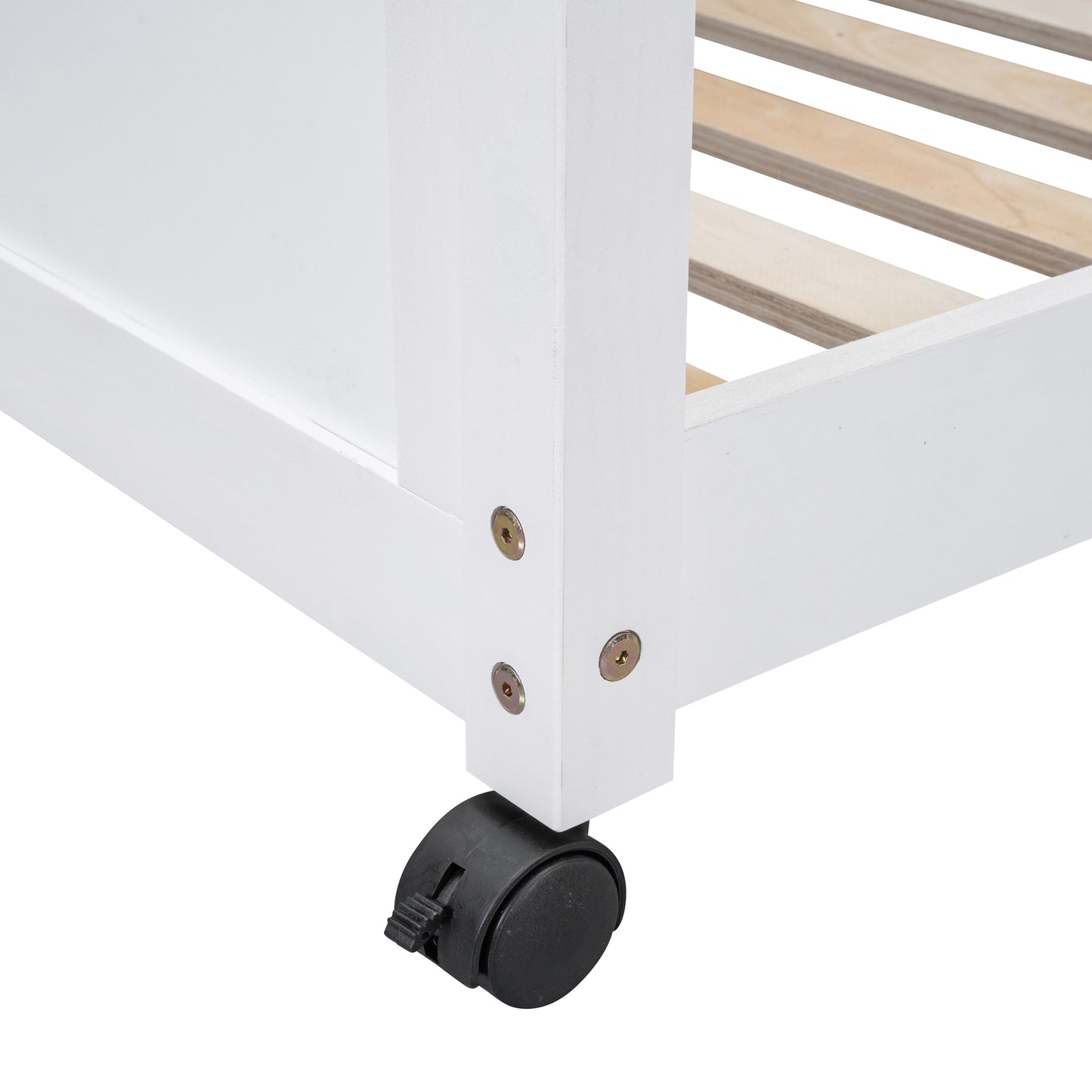 White wooden bed frame corner with a black caster wheel